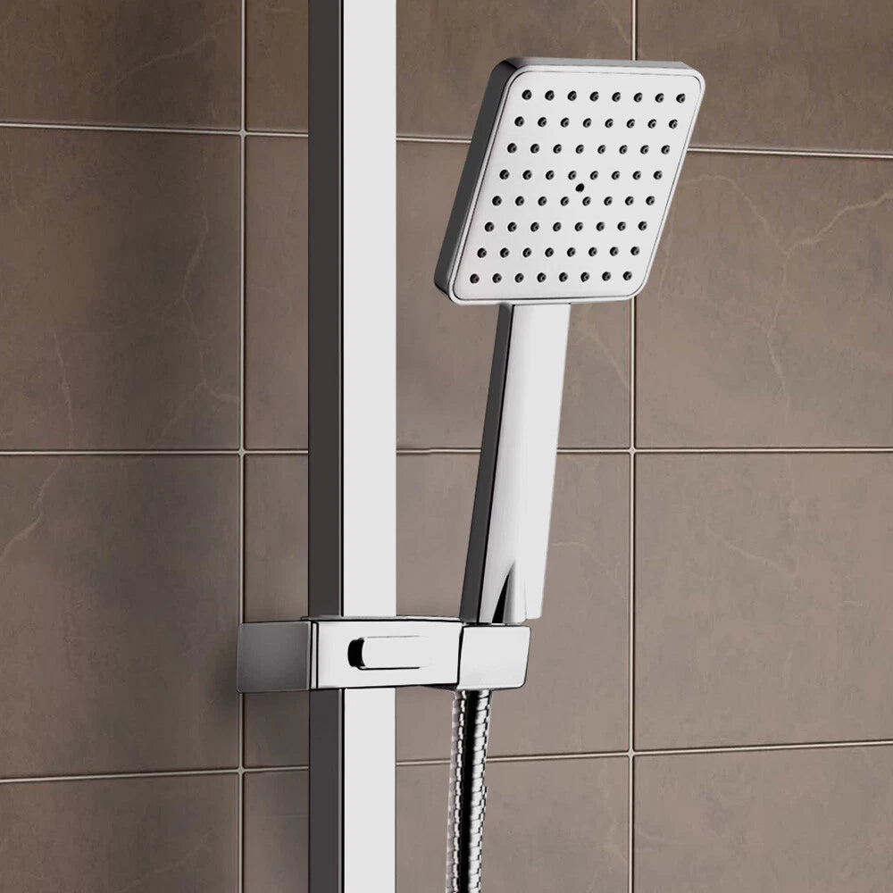 Aquari Edor 3-Way Chrome Thermostatic Shower Set – Twin Square Head, Bath Filler Compatible, Adjustable Riser