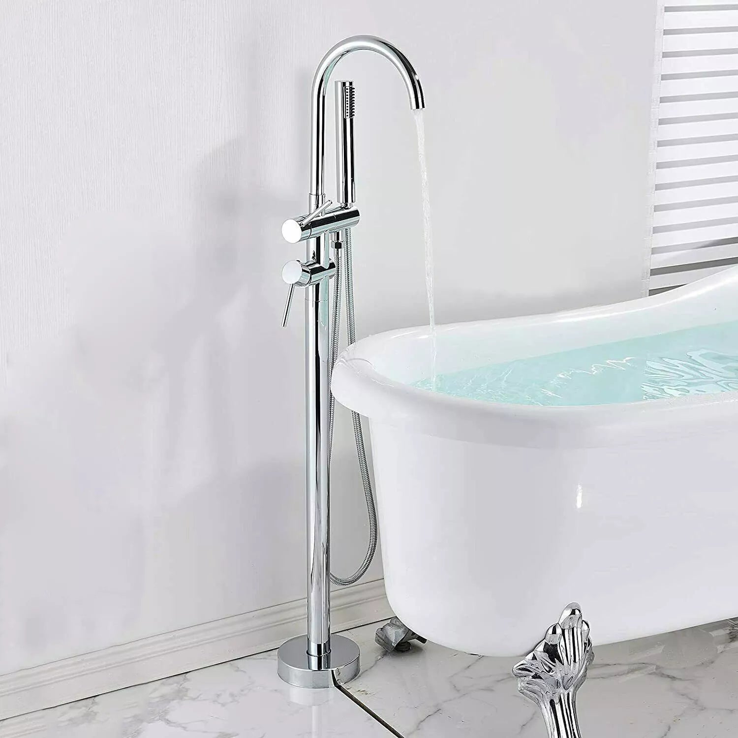 Drexon Chrome Round Freestanding Bath Mixer Tap with Hand Shower – Dual Handle Floor Standing Filler