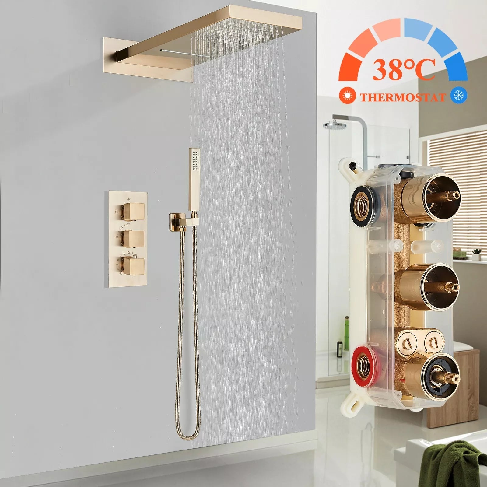 Aquari Brushed Gold Thermostatic Concealed Shower Mixer Set – 3-Way Wall-Mounted Valve with Square Heads