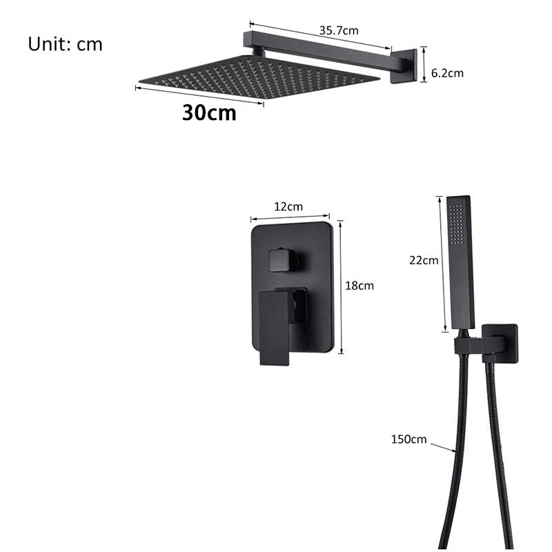 Drexon Black Concealed Shower Mixer Set – Square Rain Head & Handheld, Thermostatic Valve, Matte Finish