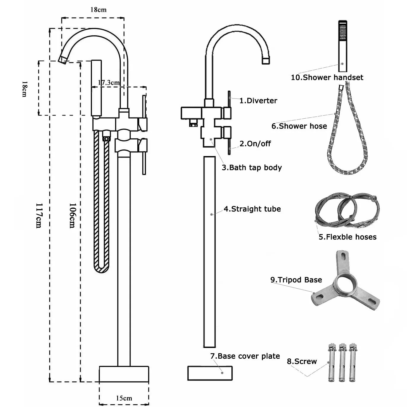 Drexon Matt Black Round Freestanding Bath Mixer Tap with Hand Shower – Dual Handle Floor Standing Filler