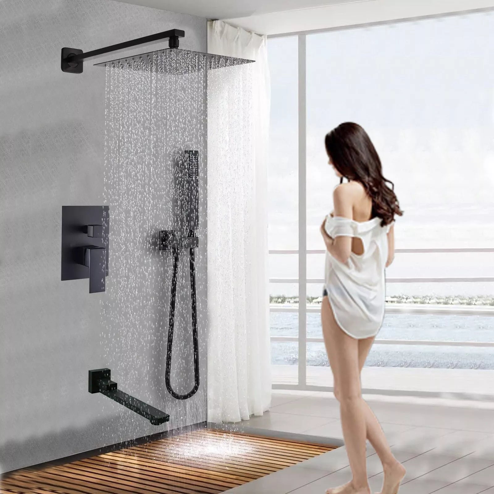 Aquari Matte Black Concealed 3-Way Shower Set – 40cm Square Rainfall Head, Handheld & Spout