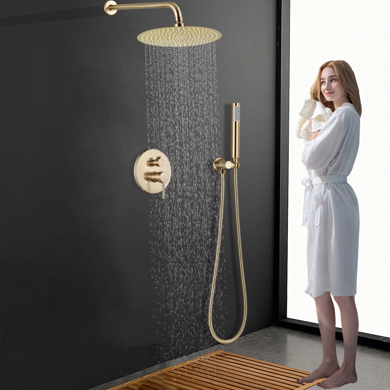 Aquari Brushed Gold 2-Way Concealed Shower Set with 8" Round Rainfall Head