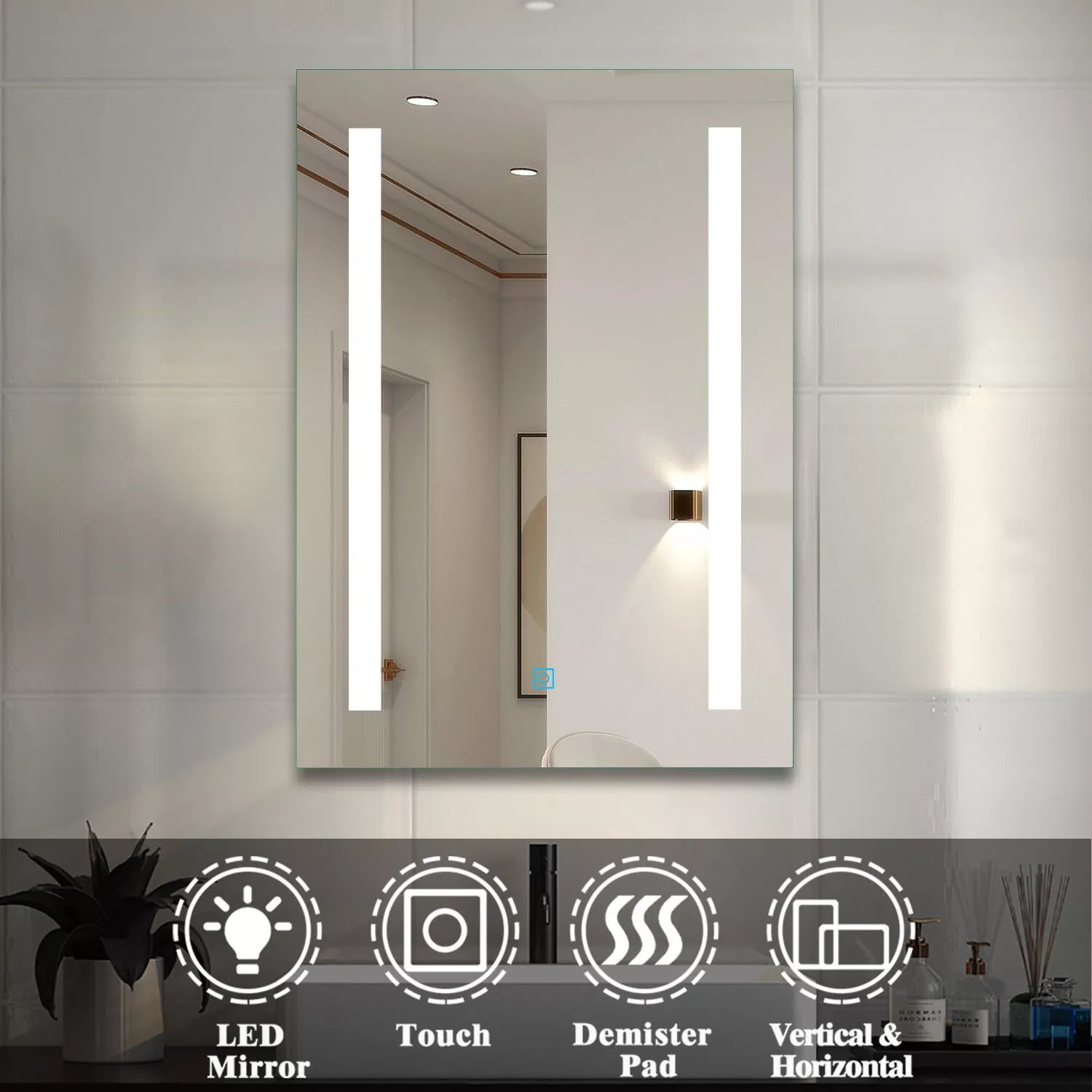 Auralux 500x700mm LED Mirror – Shaver Socket, Demister, Cold White Light, Touch Sensor, Vertical/Horizontal, IP44