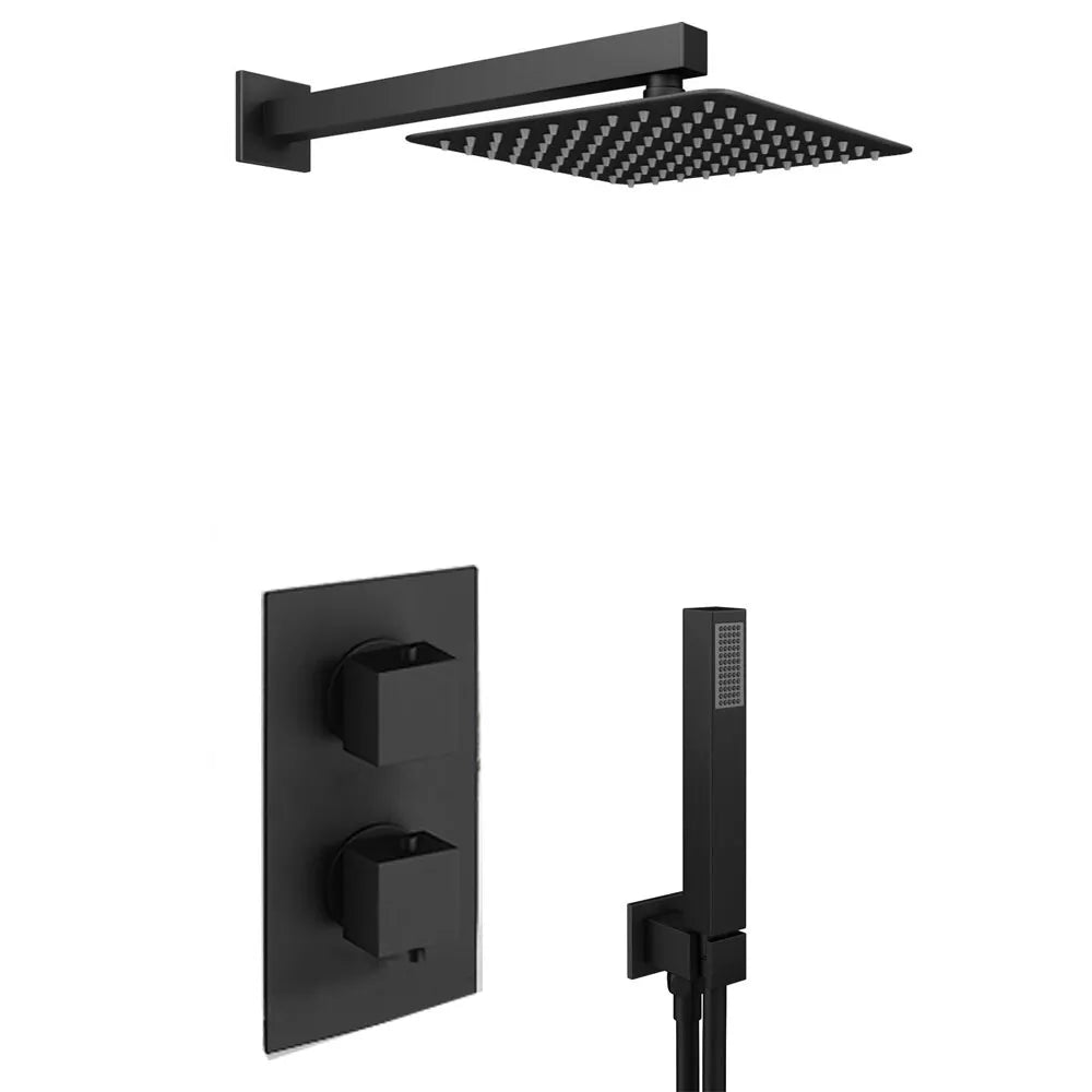 Aquari Concealed Matte Black Thermostatic Shower Set – Square Rainfall Head, Handset & 2-Way Mixer Valve