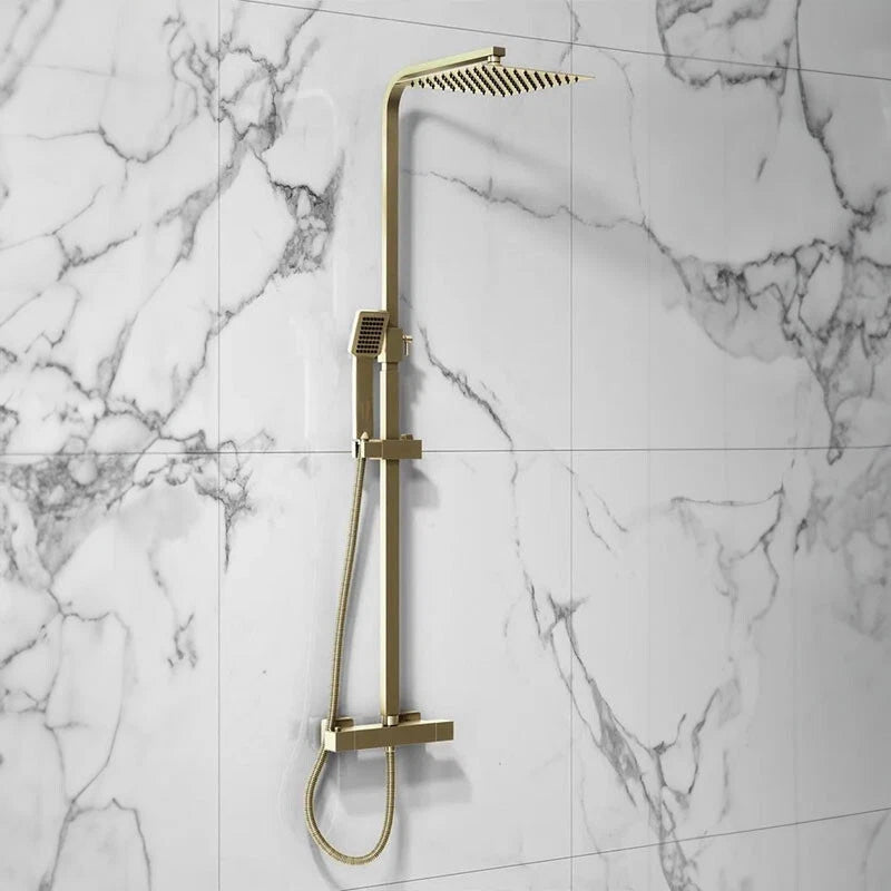 Aquari Brushed Brass Square Thermostatic Shower Set – 200mm Fixed Head & Handheld, Twin Outlet Mixer