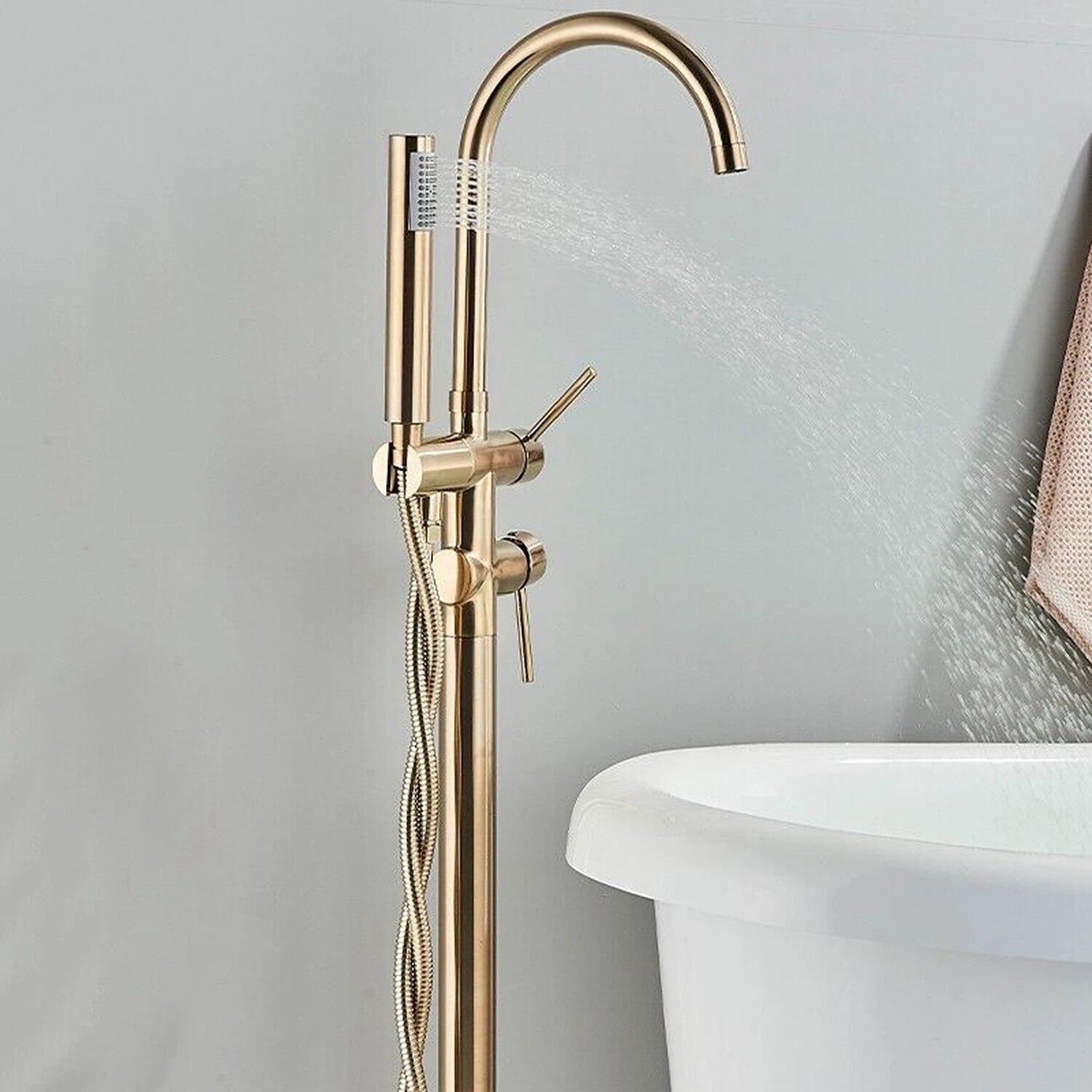 Drexon Brushed Gold Round Freestanding Bath Mixer Tap with Hand Shower – Dual Handle Floor Standing Filler