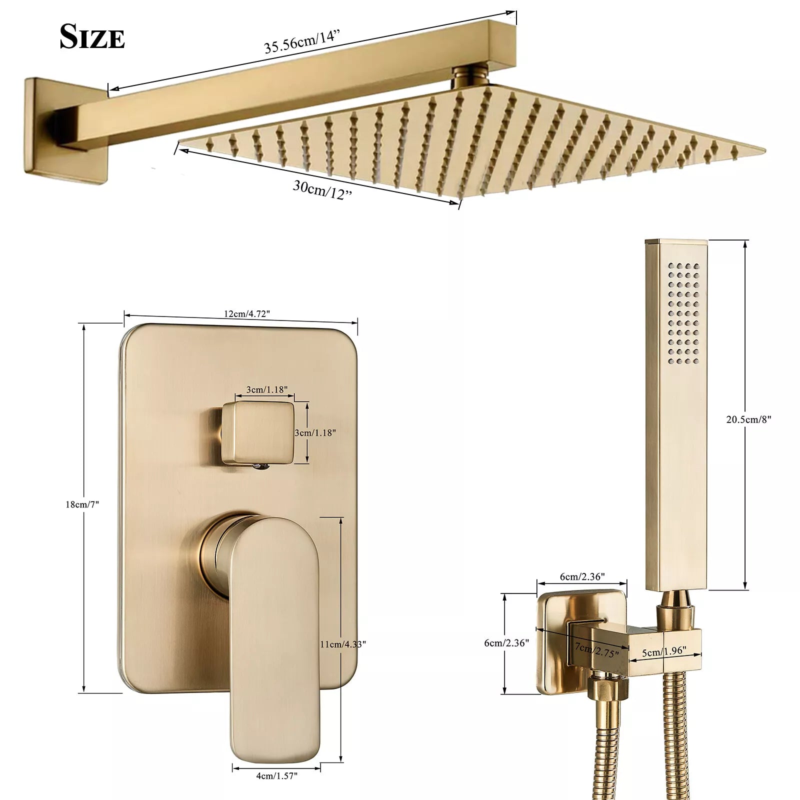 Aquari Brushed Gold Concealed Thermostatic Shower Set – 2-Way Mixer Valve with 300mm Square Head & Handset
