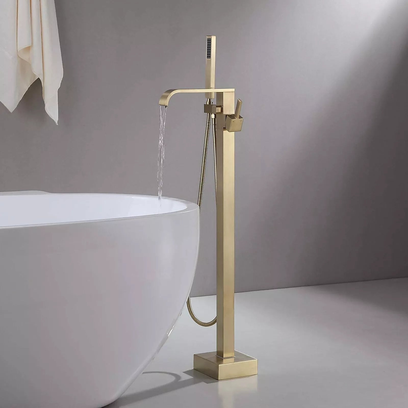 Aquari Brushed Gold Square Freestanding Bath Shower Mixer Tap with Handheld – Floor Mounted