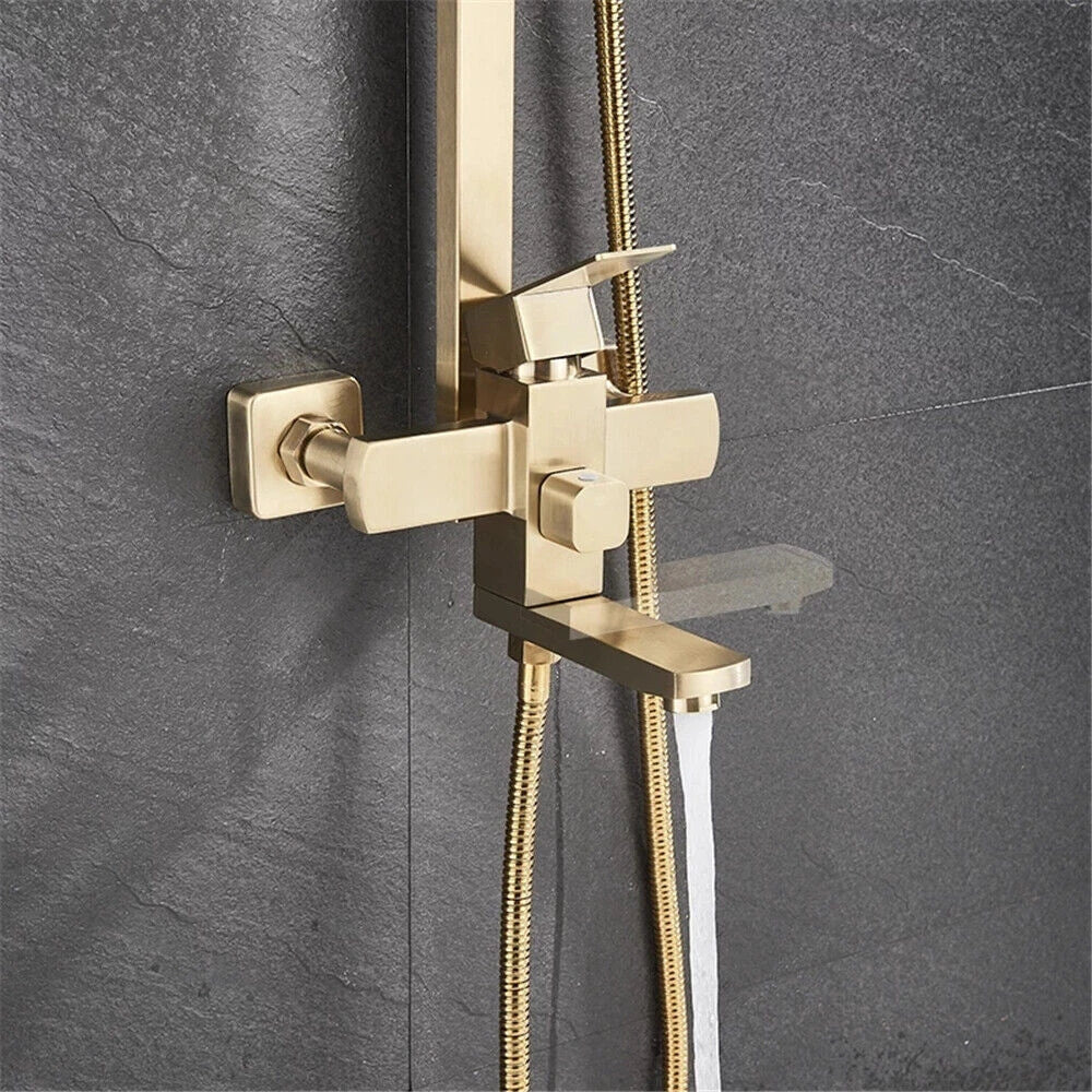 Lunoro Brushed Gold Thermostatic Bath & Shower Set – Waterfall & Rainfall Head with Shelf