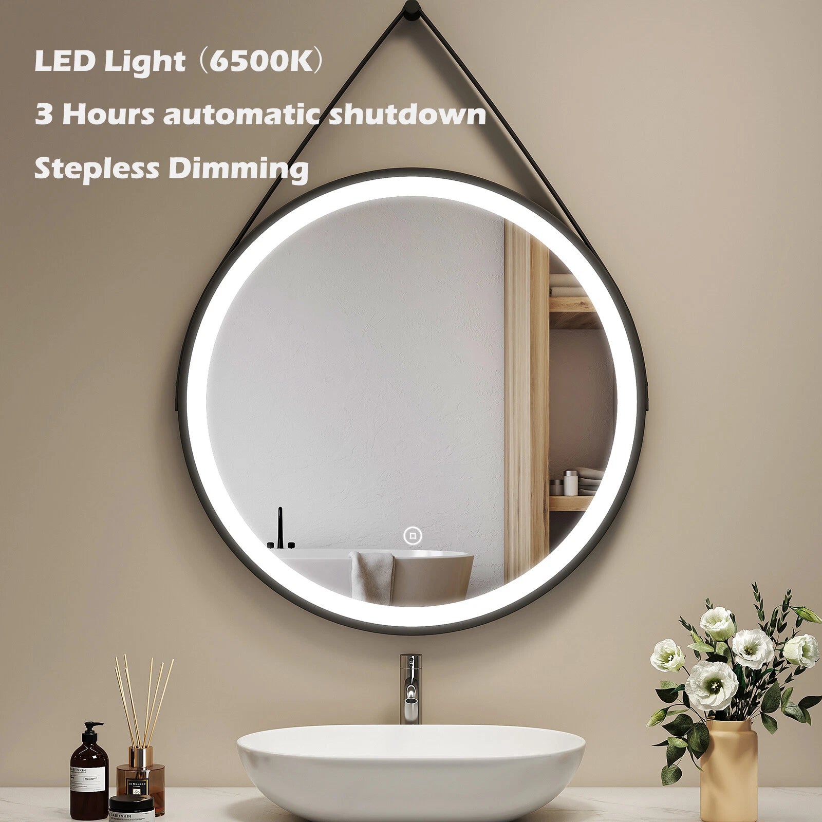 Arctiq 500mm Round LED Mirror – Cool White Light, Dimmable, Touch Sensor, Black Frame with Hanging Strap