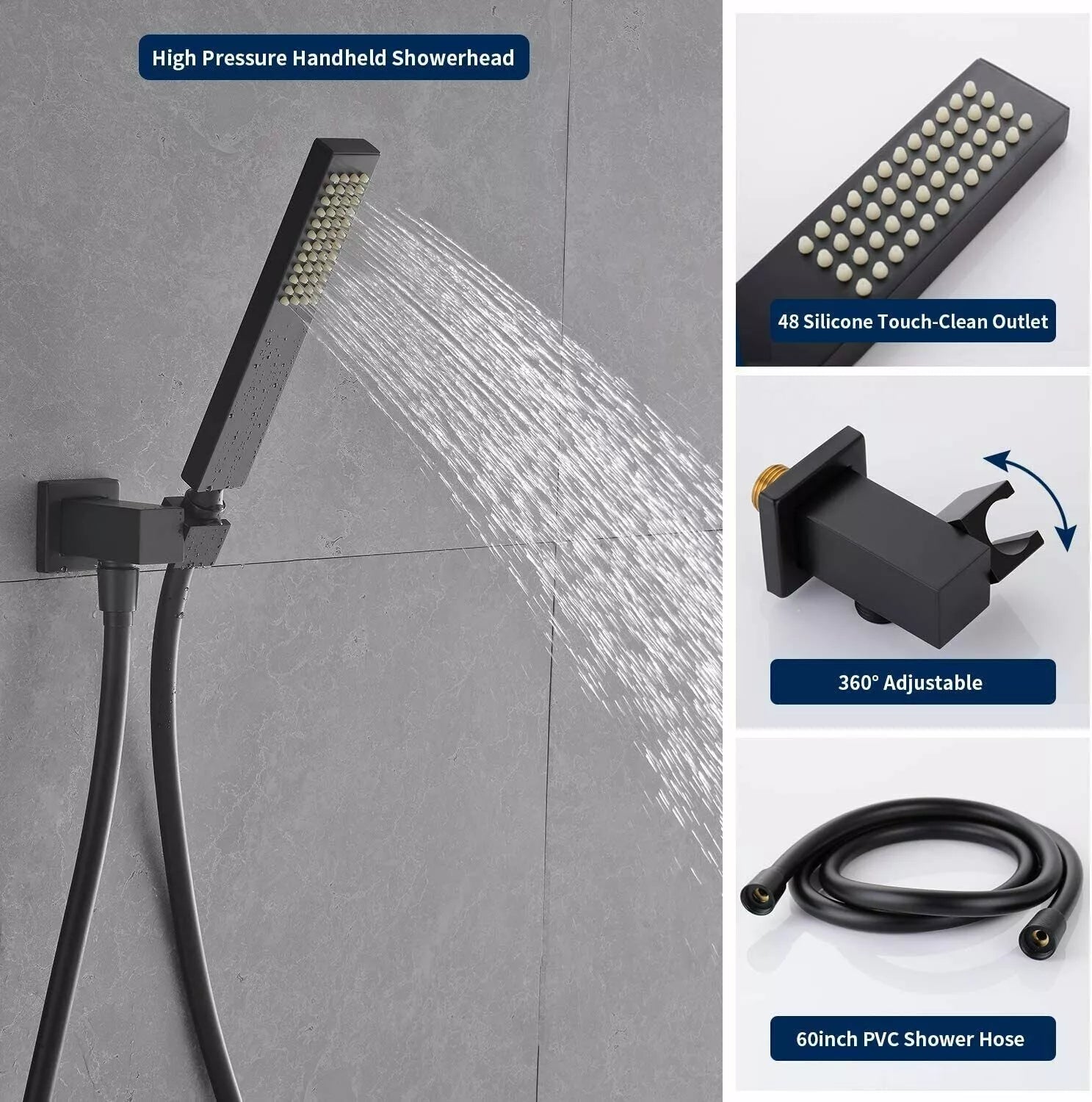 Aquari Matte Black Concealed 3-Way Shower Set – 40cm Square Rainfall Head, Handheld & Spout