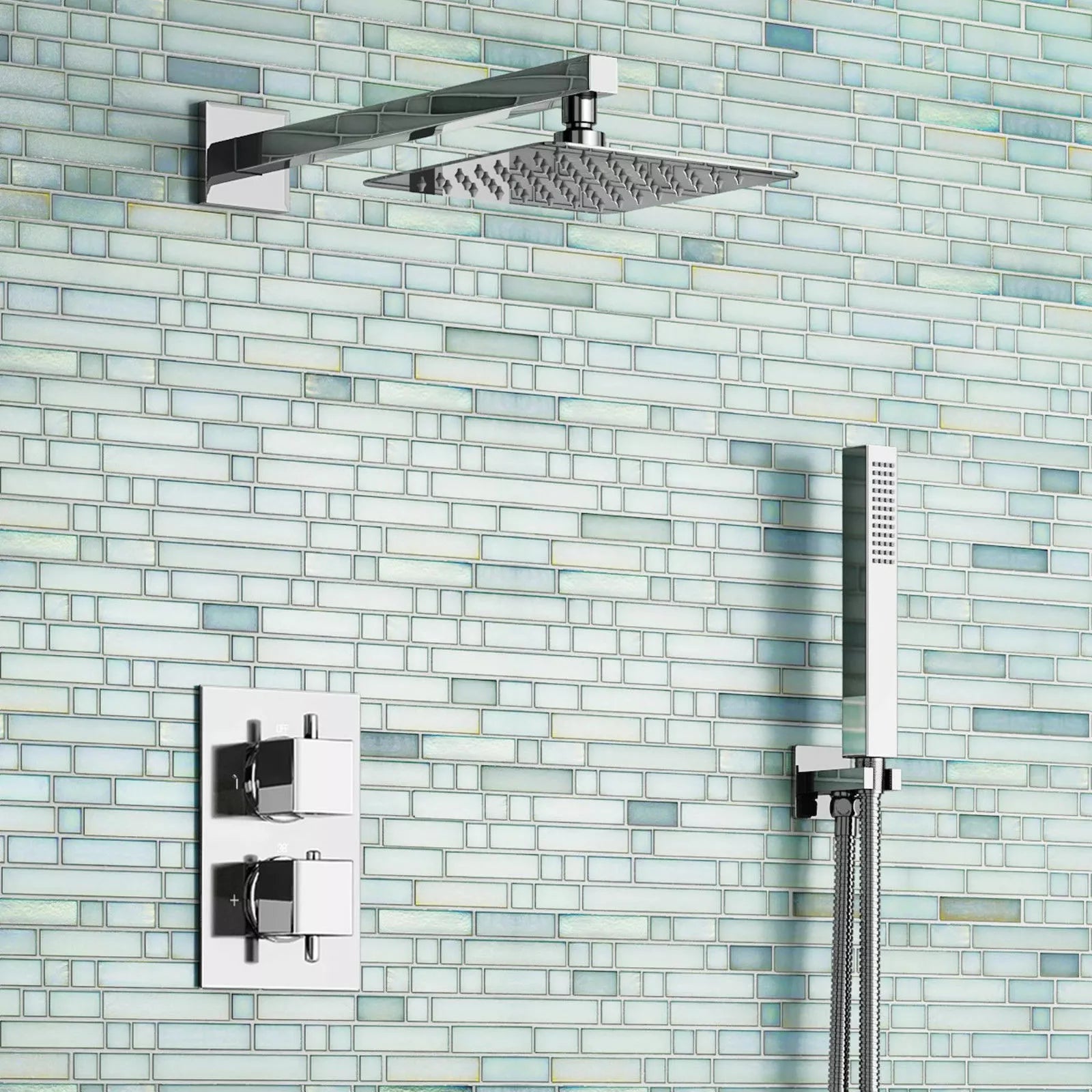 Aquari Concealed Chrome Thermostatic Shower Set – Square Rainfall Head, Handset & 2-Way Mixer Valve