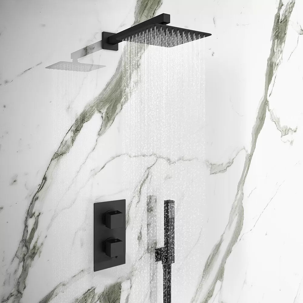 Aquari Concealed Matte Black Thermostatic Shower Set – Square Rainfall Head, Handset & 2-Way Mixer Valve