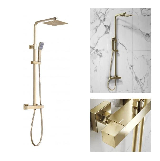Aquari Brushed Brass Square Thermostatic Shower Set – 200mm Fixed Head & Handheld, Twin Outlet Mixer