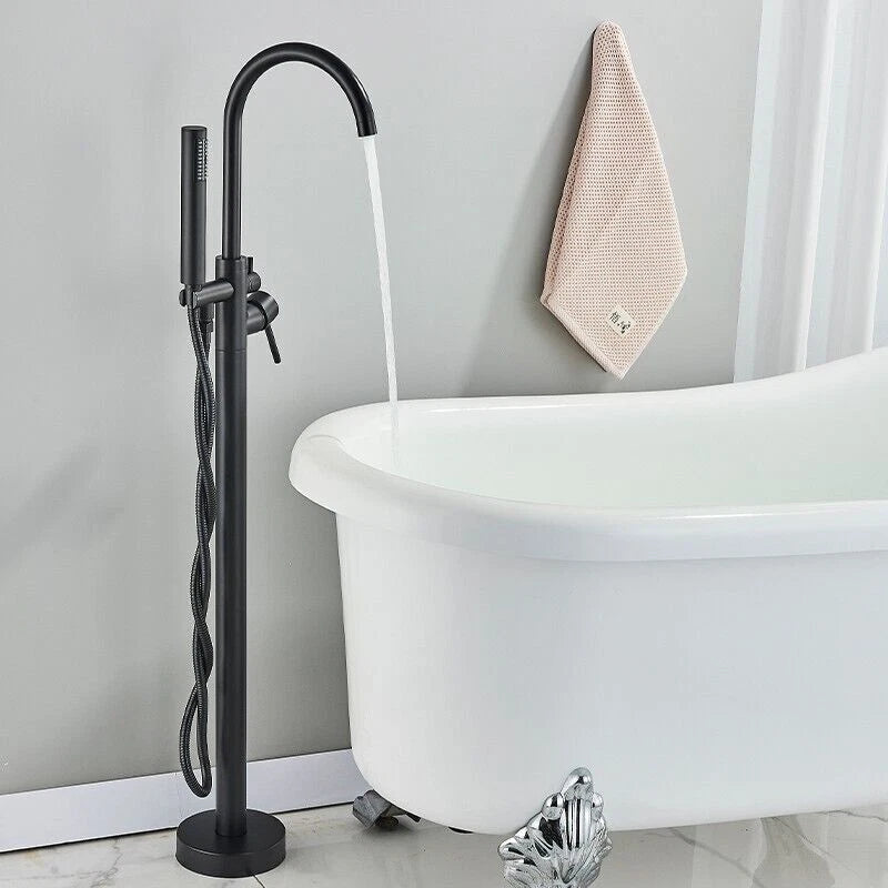 Drexon Matt Black Round Freestanding Bath Mixer Tap with Hand Shower – Dual Handle Floor Standing Filler