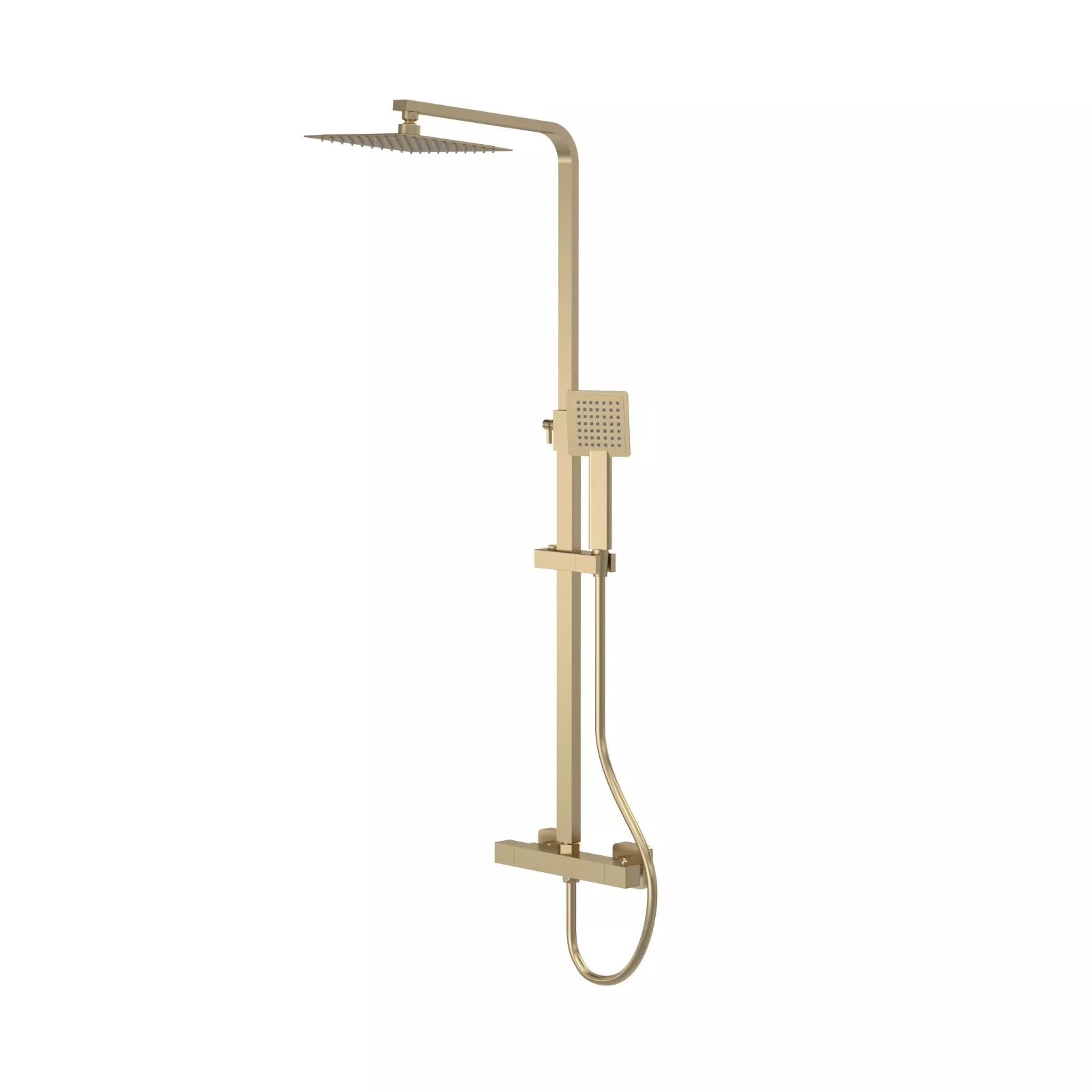 Nuie Brushed Brass Thermostatic Shower Set – Square Head & Handset, Twin Outlet Rigid Riser Kit