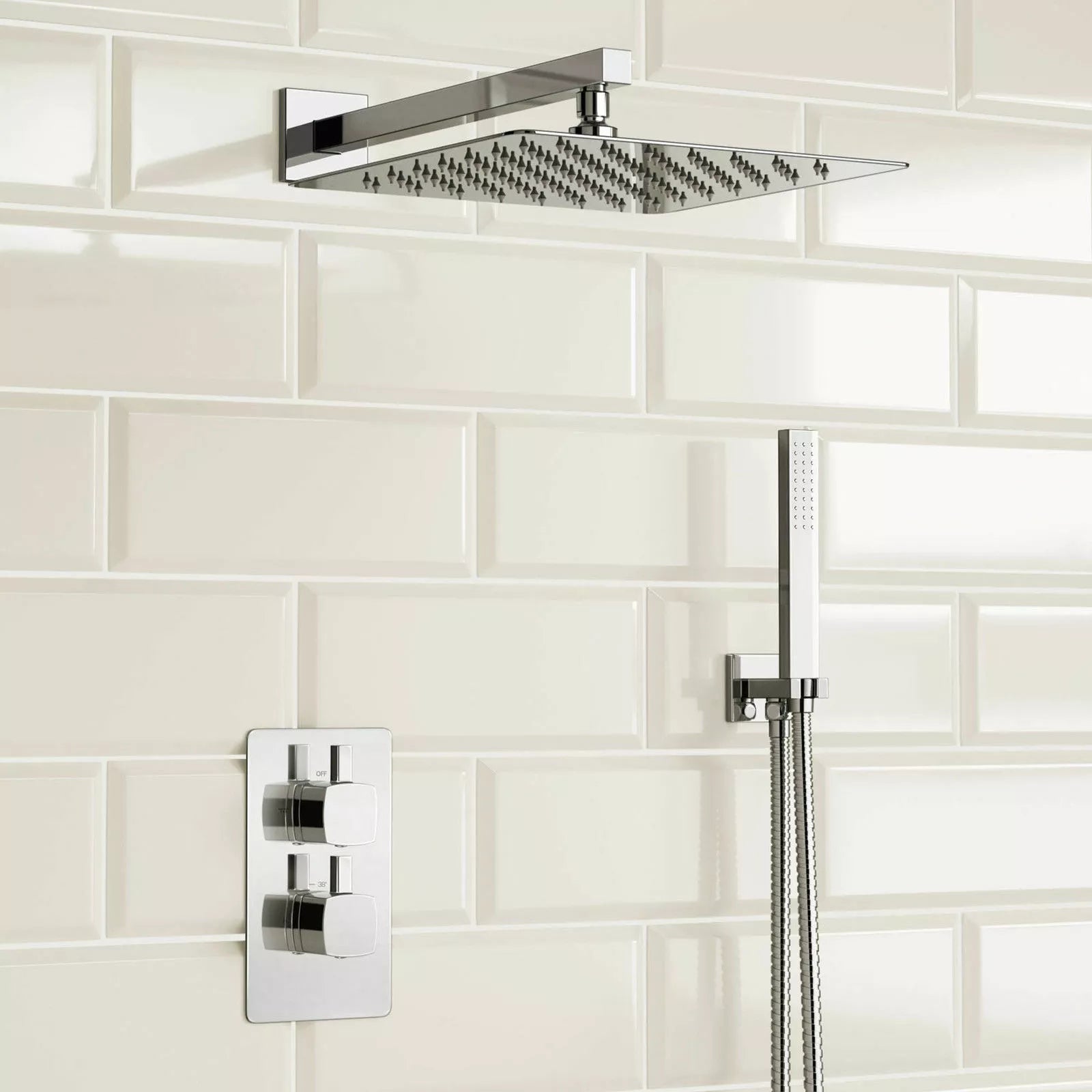 Aquari Concealed Chrome Thermostatic Shower Set – Square Rainfall Head, Handset & 2-Way Mixer Valve