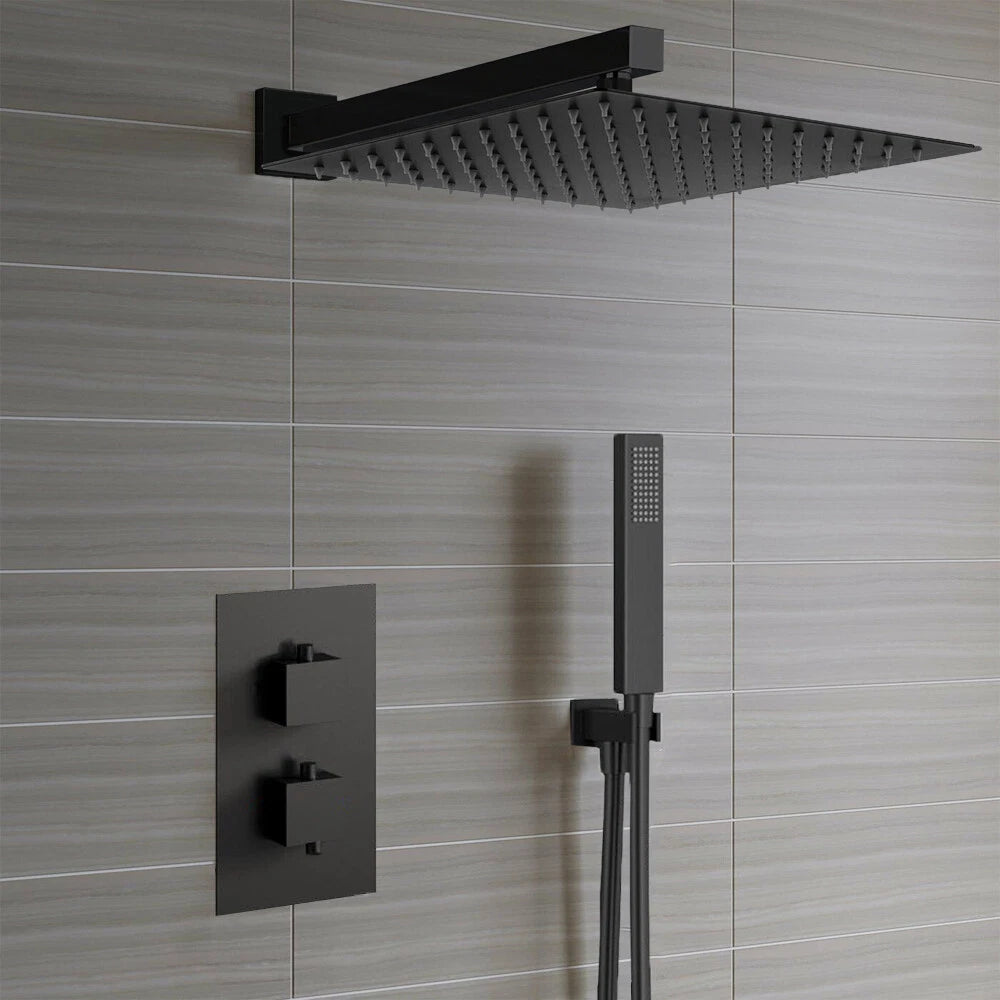 Aquari Concealed Matte Black Thermostatic Shower Set – Square Rainfall Head, Handset & 2-Way Mixer Valve