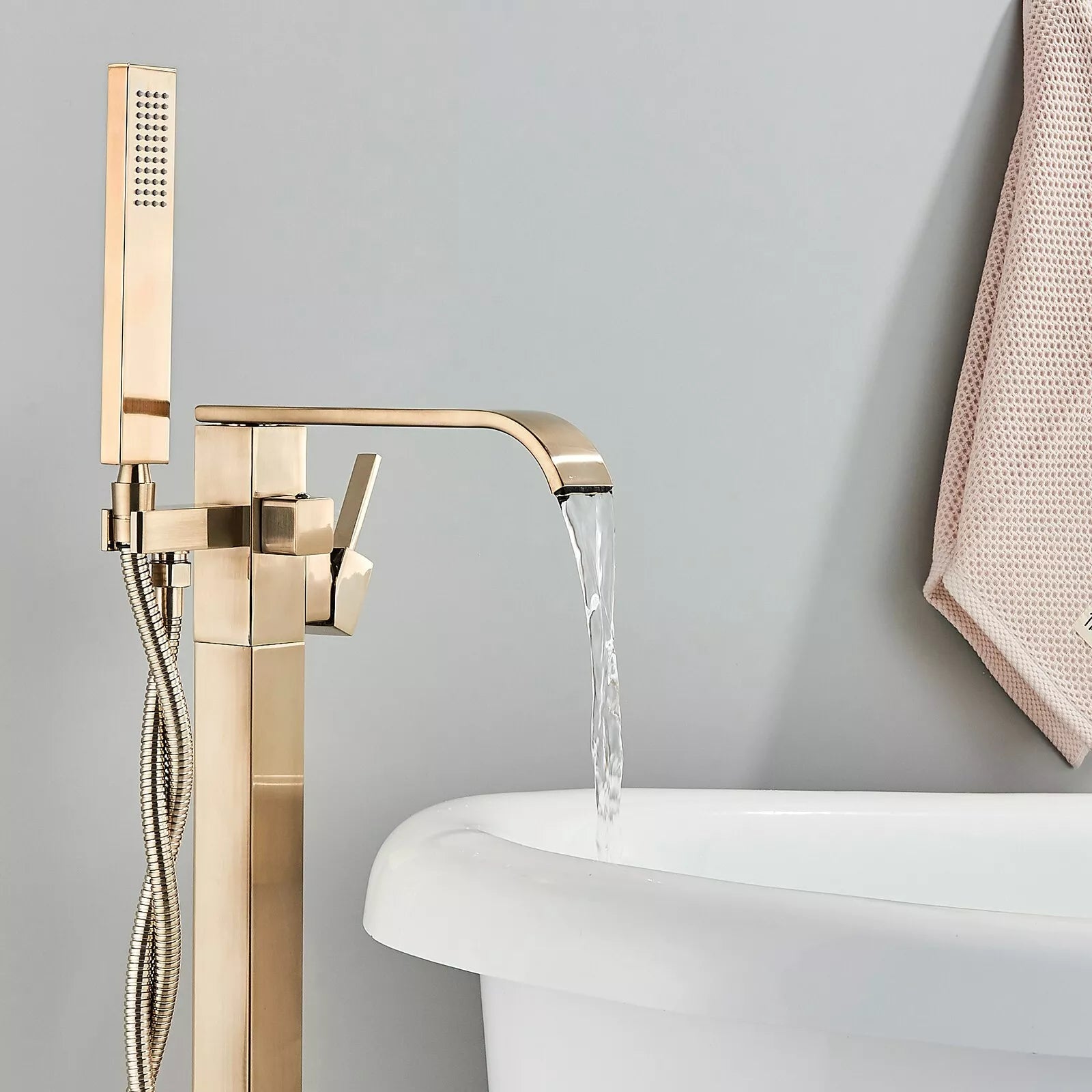 Aquari Brushed Gold Square Freestanding Bath Shower Mixer Tap with Handheld – Floor Mounted