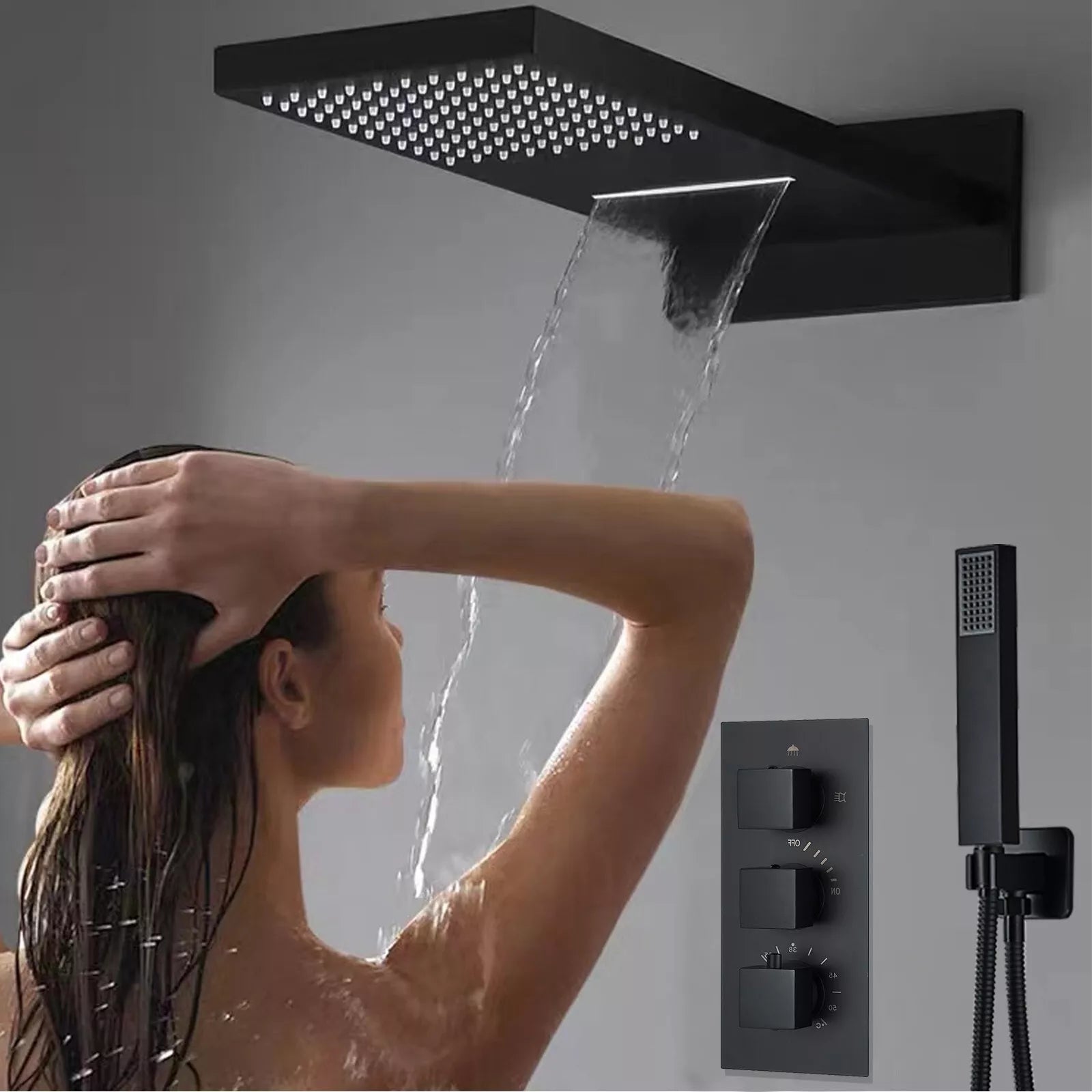Aquari Matte Black Thermostatic Concealed Shower Set with 22x54cm Rainfall Head & Handheld Spray