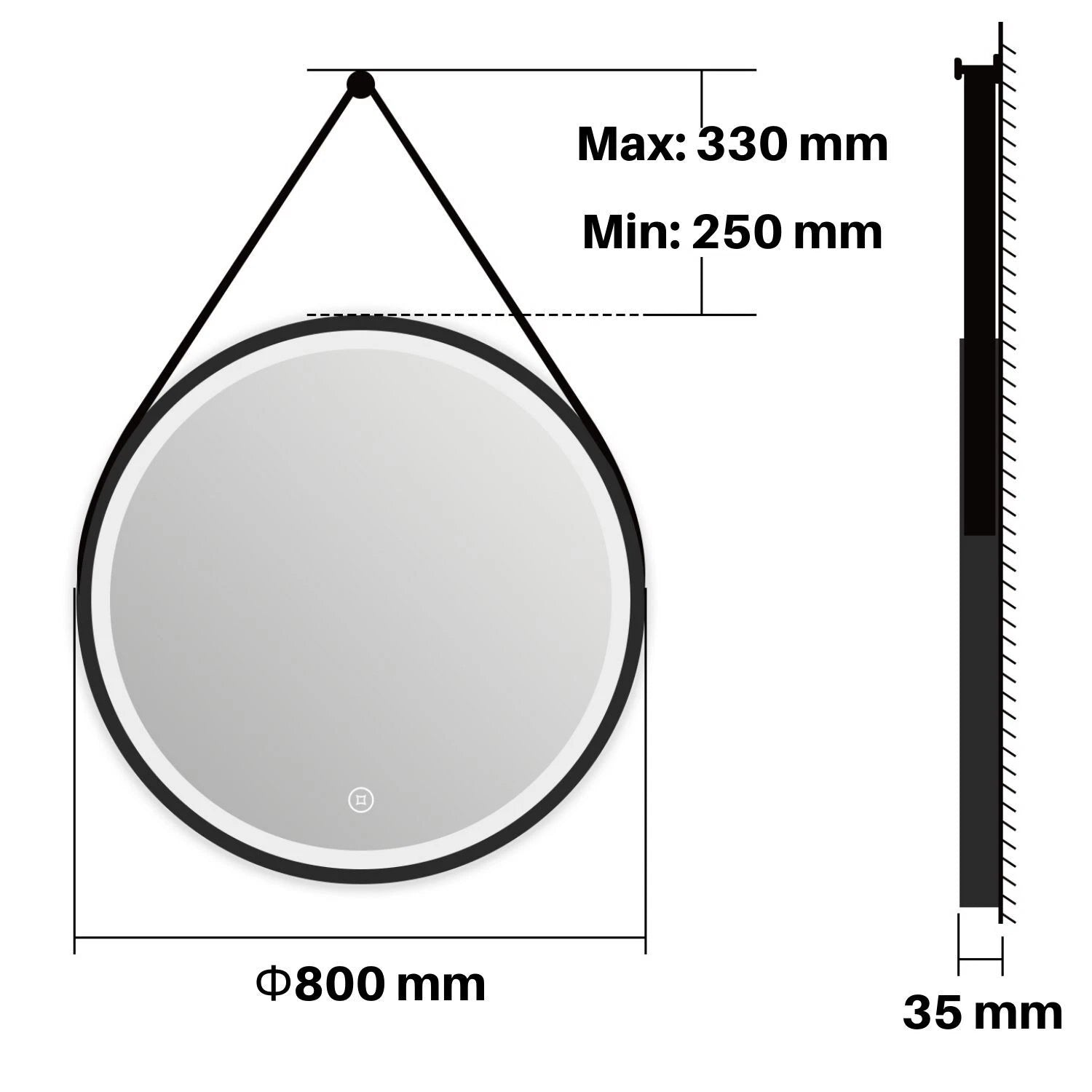 Arctiq 500mm Round LED Mirror – Cool White Light, Dimmable, Touch Sensor, Black Frame with Hanging Strap