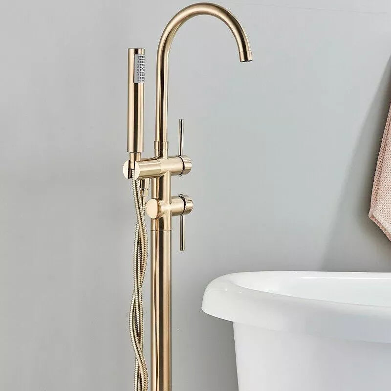 Drexon Brushed Gold Round Freestanding Bath Mixer Tap with Hand Shower – Dual Handle Floor Standing Filler