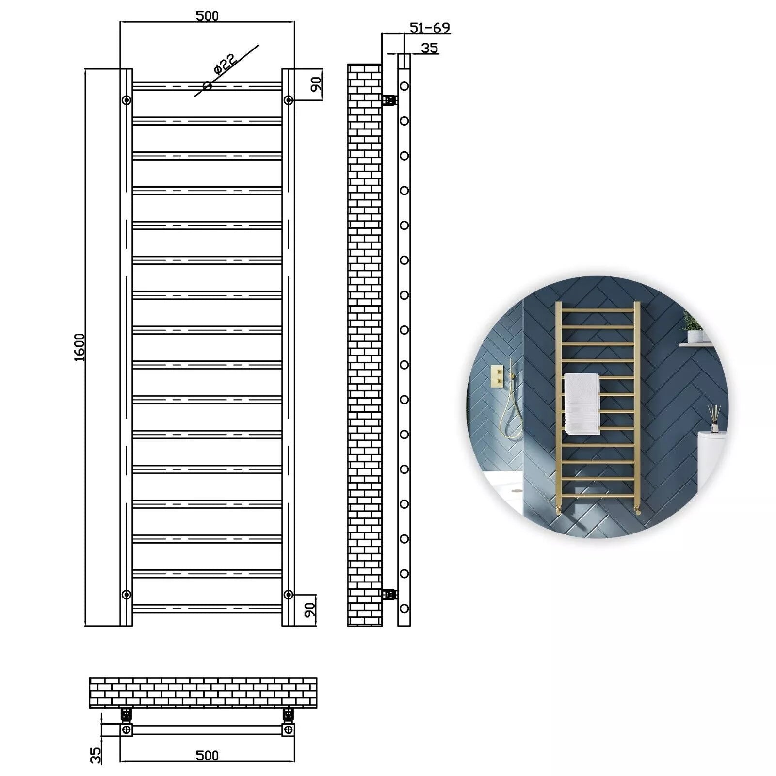 Velora Round Designer Gold Heated Towel Rail 1600x500mm – Wall-Mounted Radiator