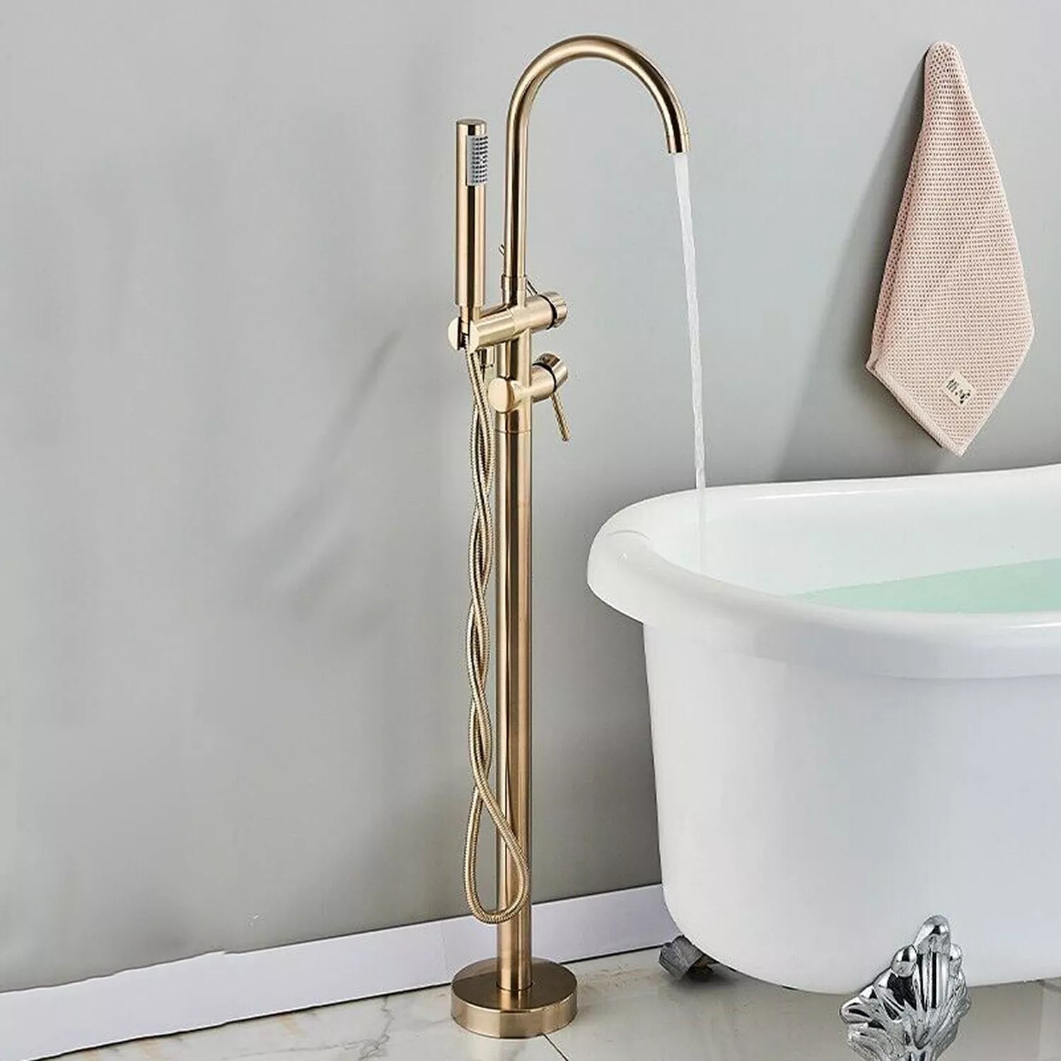 Drexon Brushed Gold Round Freestanding Bath Mixer Tap with Hand Shower – Dual Handle Floor Standing Filler