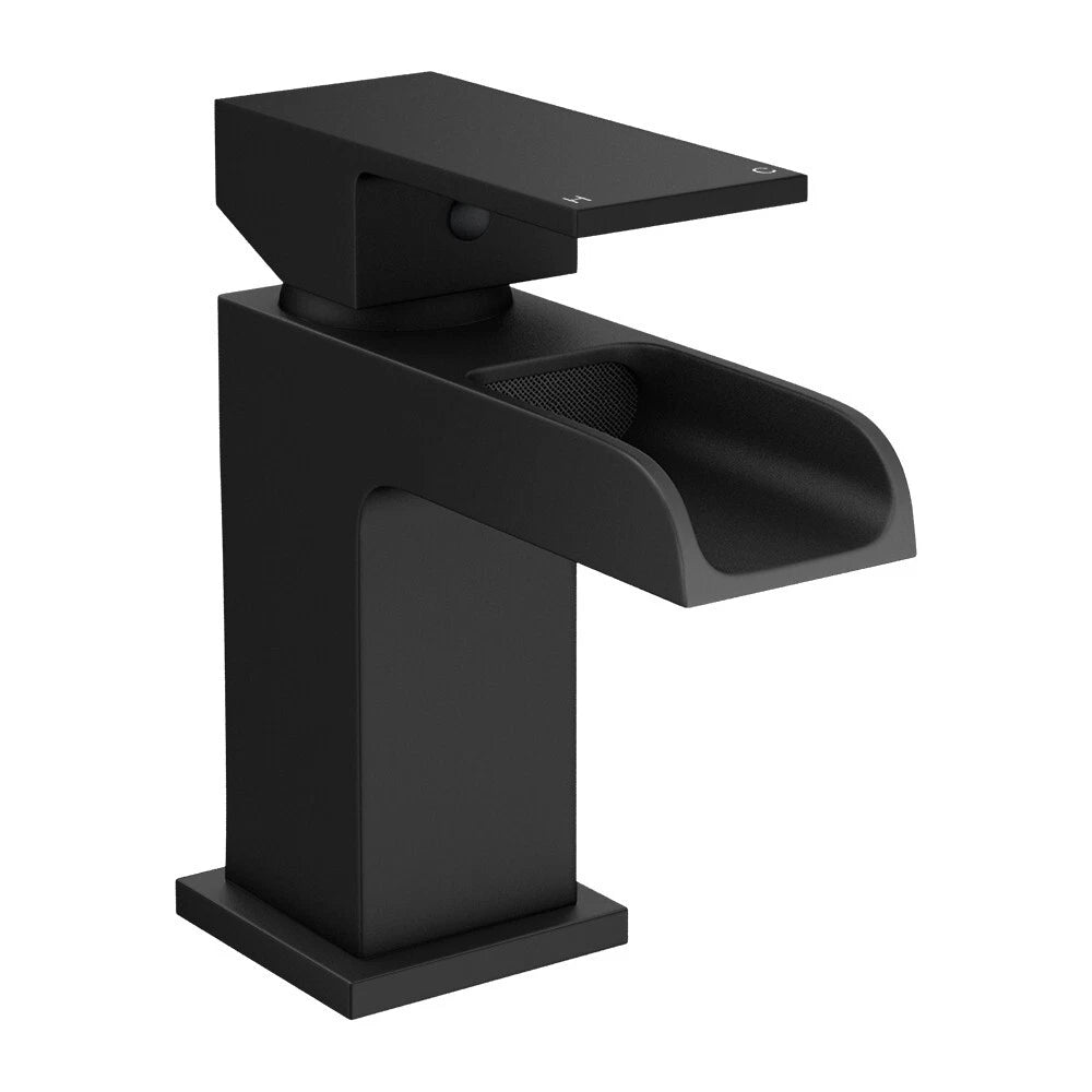 Velora Matt Black Waterfall Basin Mixer Tap with Free Waste – Single Lever