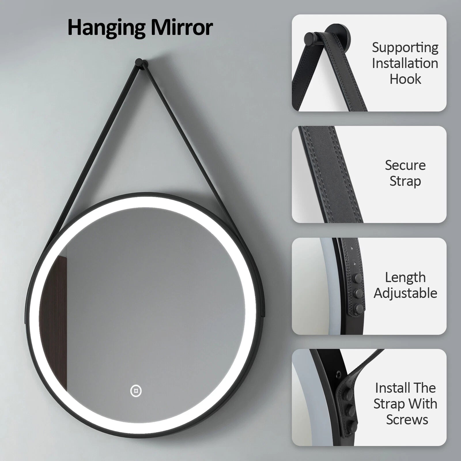 Arctiq 500mm Round LED Mirror – Cool White Light, Dimmable, Touch Sensor, Black Frame with Hanging Strap