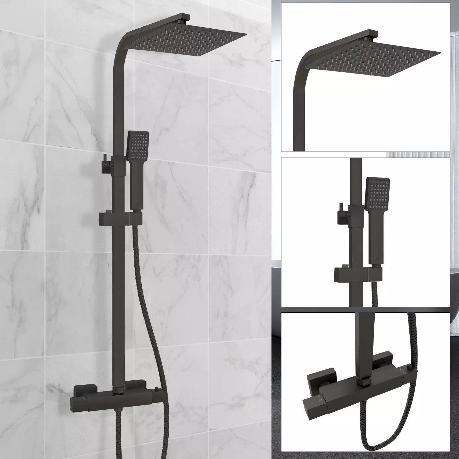 Aquari Premium Matt Black Thermostatic Shower Set – Square Twin 200mm Head with Adjustable Rail