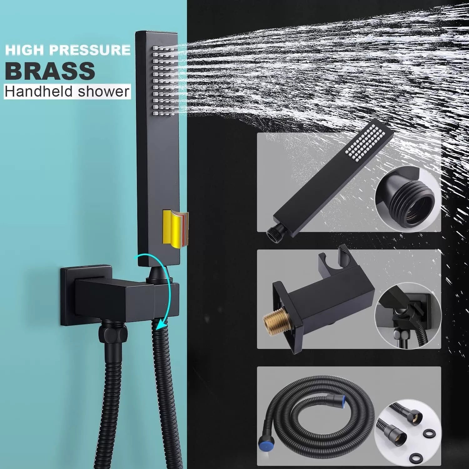 Aquari Matte Black Thermostatic Concealed Shower Set with 22x54cm Rainfall Head & Handheld Spray