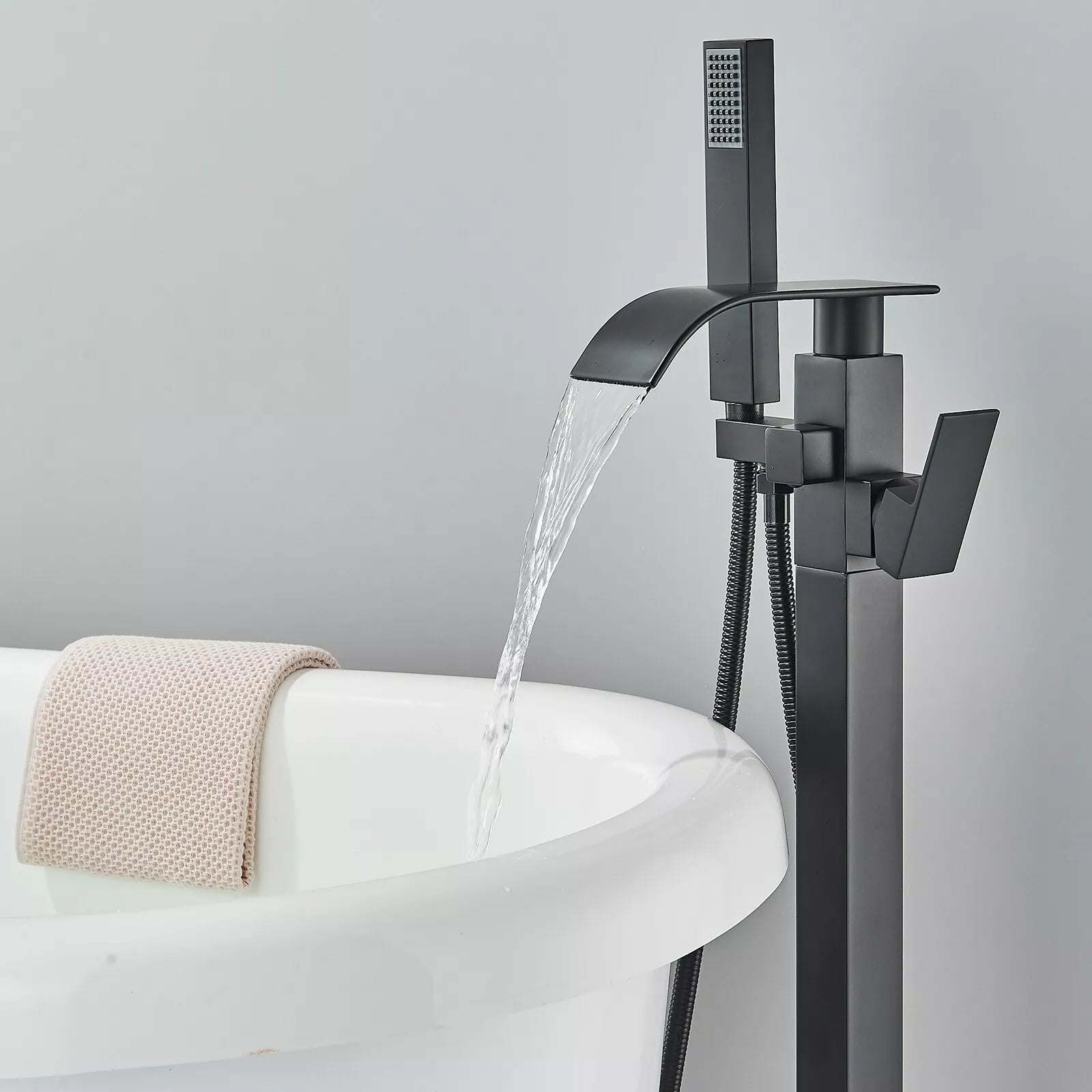 Aquari Matte Black Square Freestanding Bath Mixer Tap with Waterfall Spout & Shower Handset