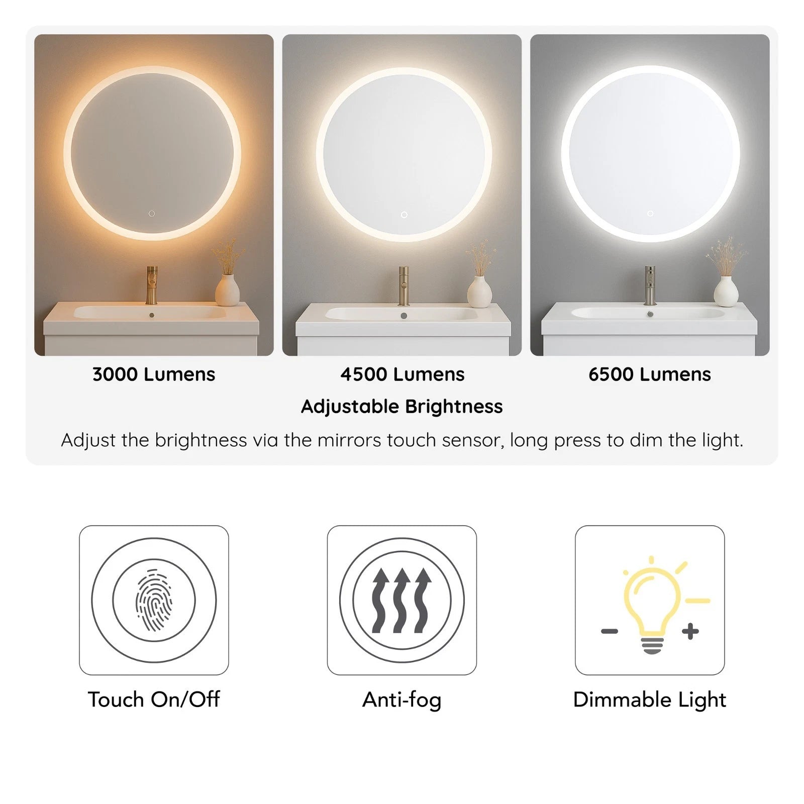 Lumora 600mm Round Edge-Frosted LED Bathroom Mirror – Tri-Colour Dimmable, Touch & Demister