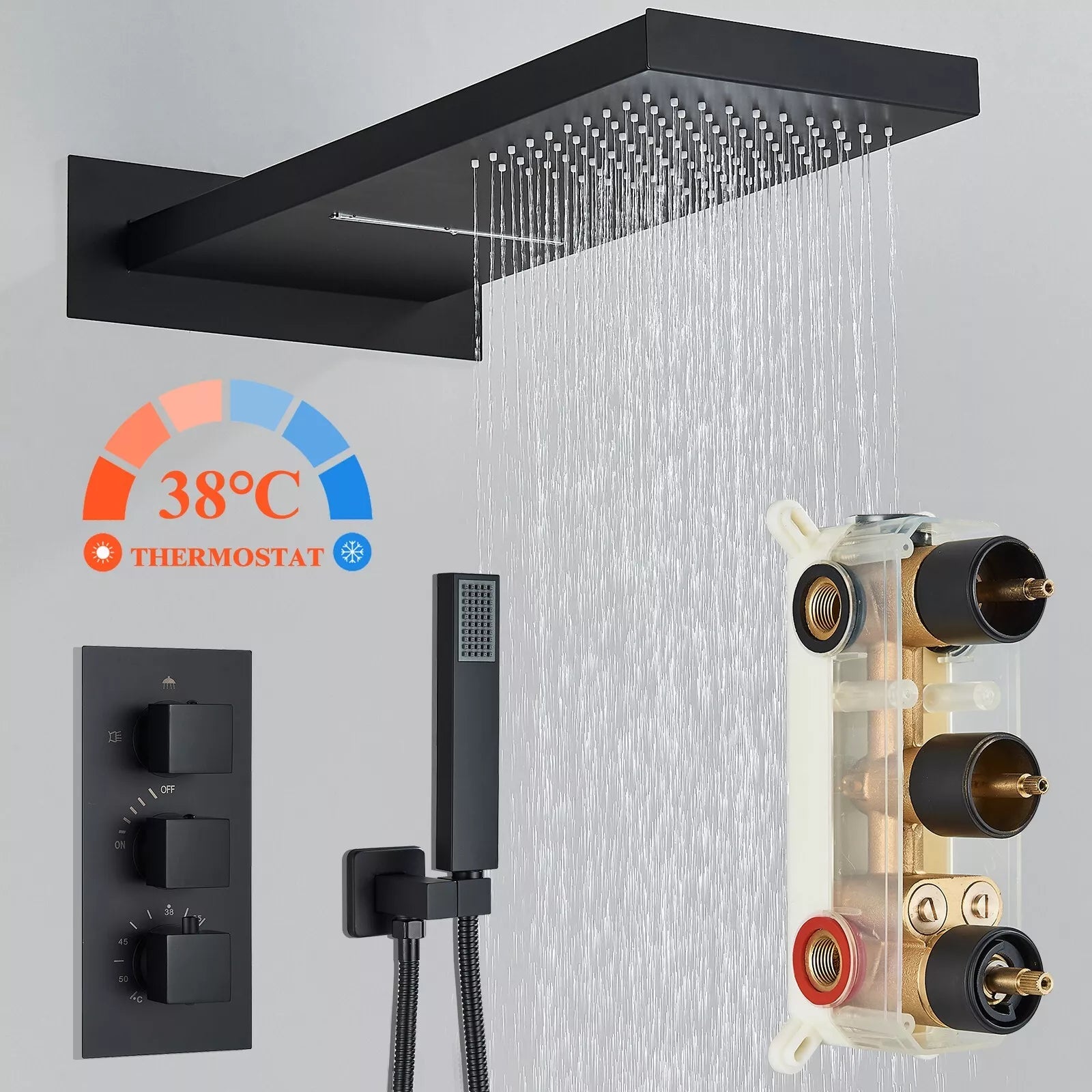 Aquari Matte Black Thermostatic Concealed Shower Set with 22x54cm Rainfall Head & Handheld Spray
