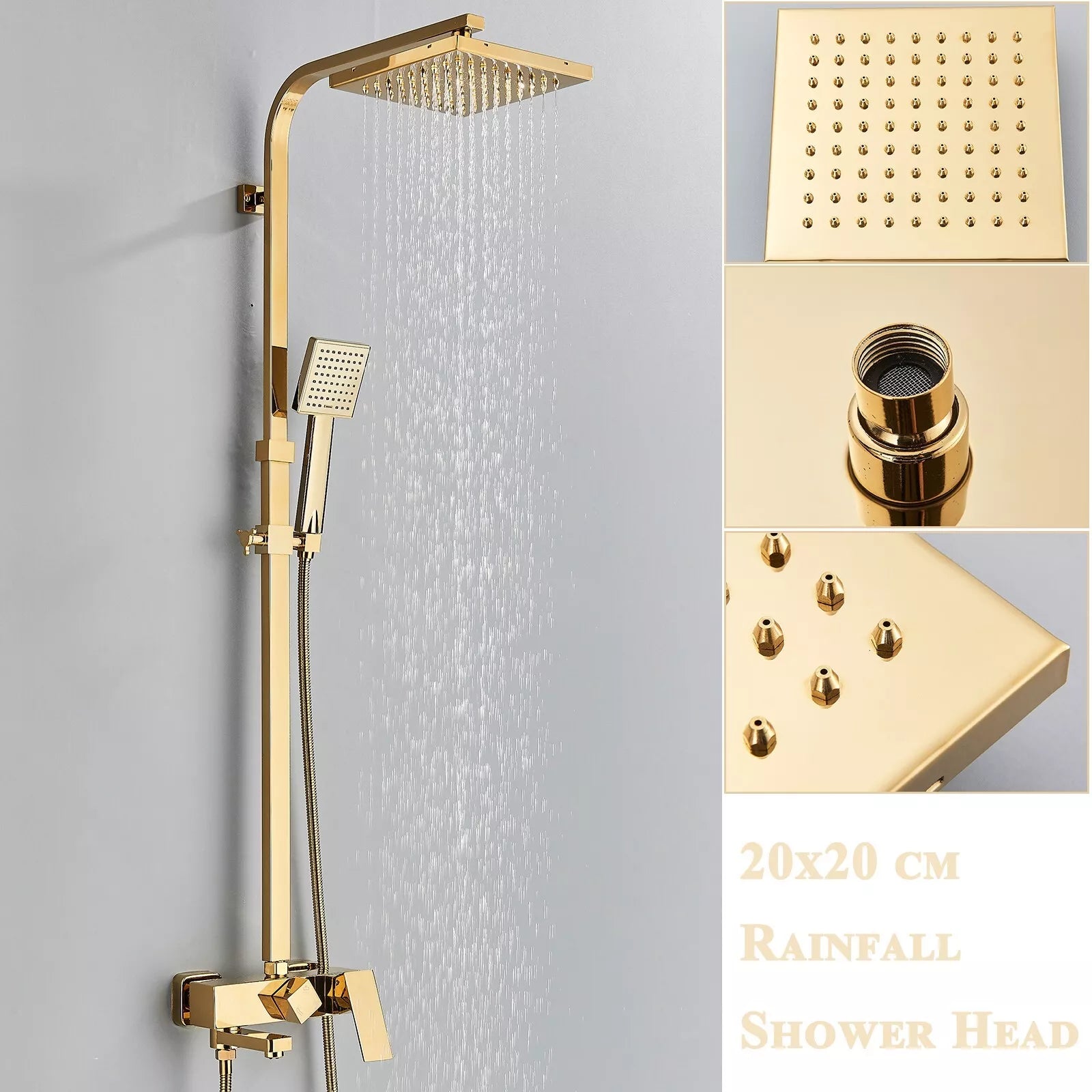 Aquari Gold Thermostatic Shower Set with Bath Filler – Twin Square Head & Mixer Valve, Wall Mounted