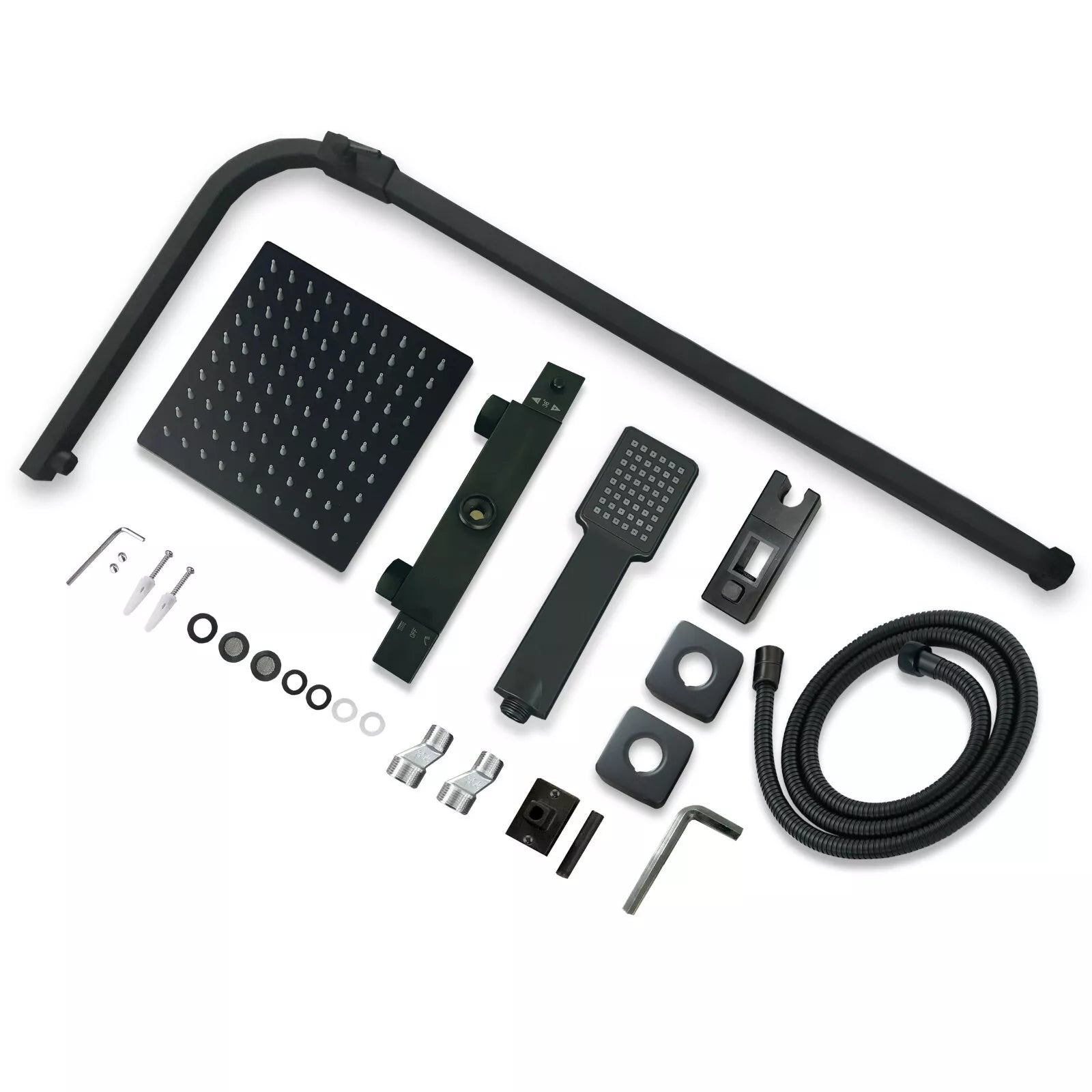 Aquari Premium Matt Black Thermostatic Shower Set – Square Twin 200mm Head with Adjustable Rail