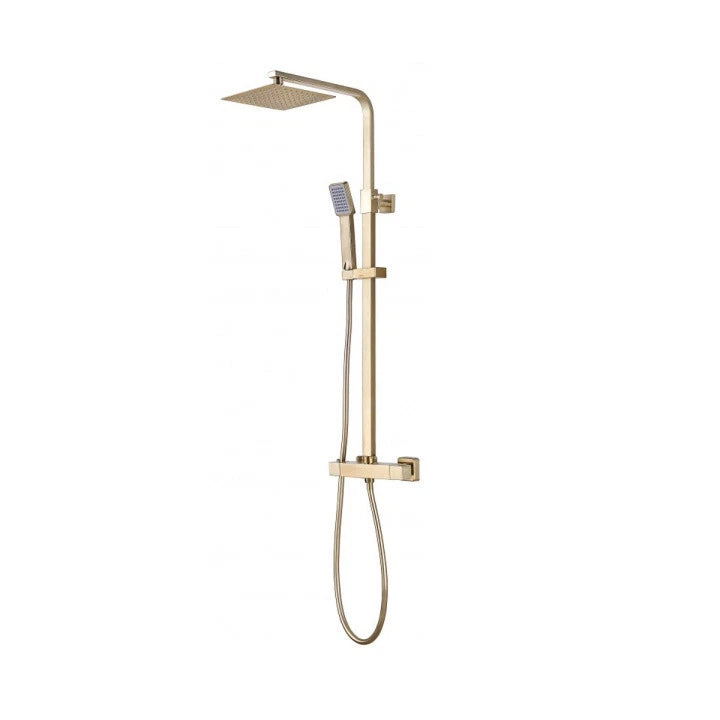 Aquari Brushed Brass Square Thermostatic Shower Set – 200mm Fixed Head & Handheld, Twin Outlet Mixer