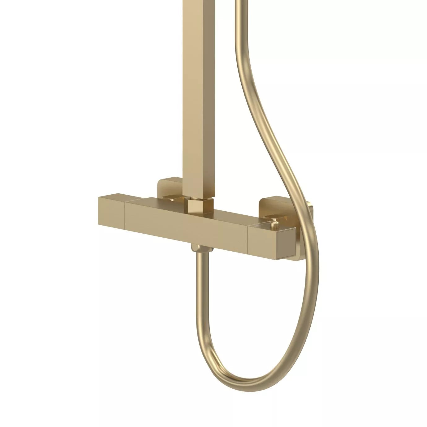 Nuie Brushed Brass Thermostatic Shower Set – Square Head & Handset, Twin Outlet Rigid Riser Kit