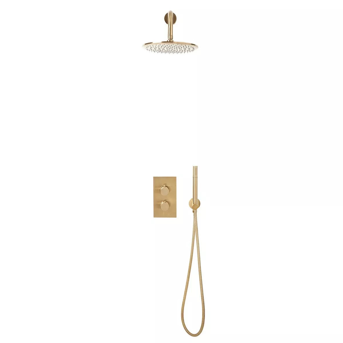Apres Brushed Brass Concealed Thermostatic Shower Set – Round Overhead, Handset Rail & Dual Handle Mixer Valve