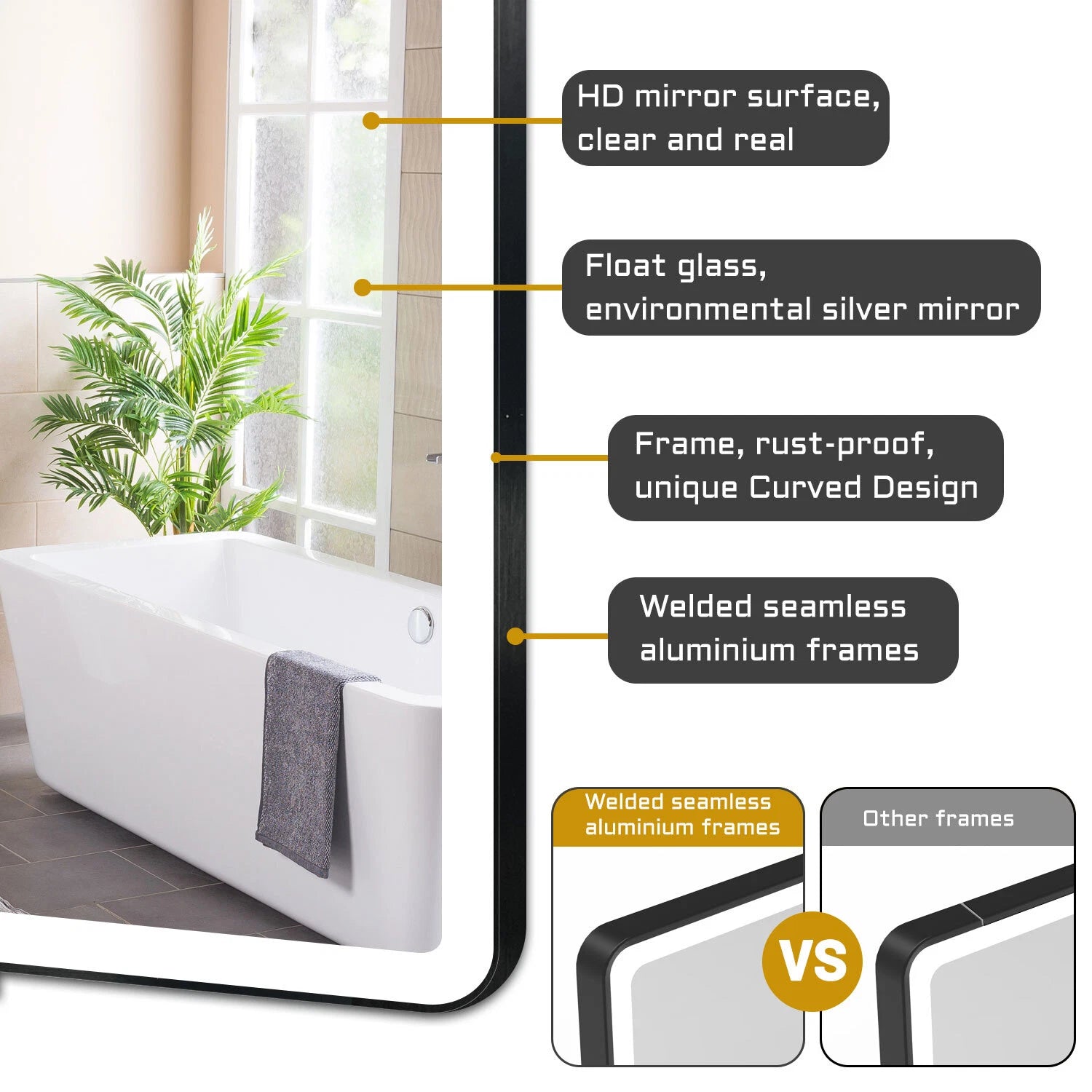 Luxore 800x600mm Black Frame LED Mirror – Tri-Colour Dimmable Light, Touch Control, Demister Pad, Horizontal Mount