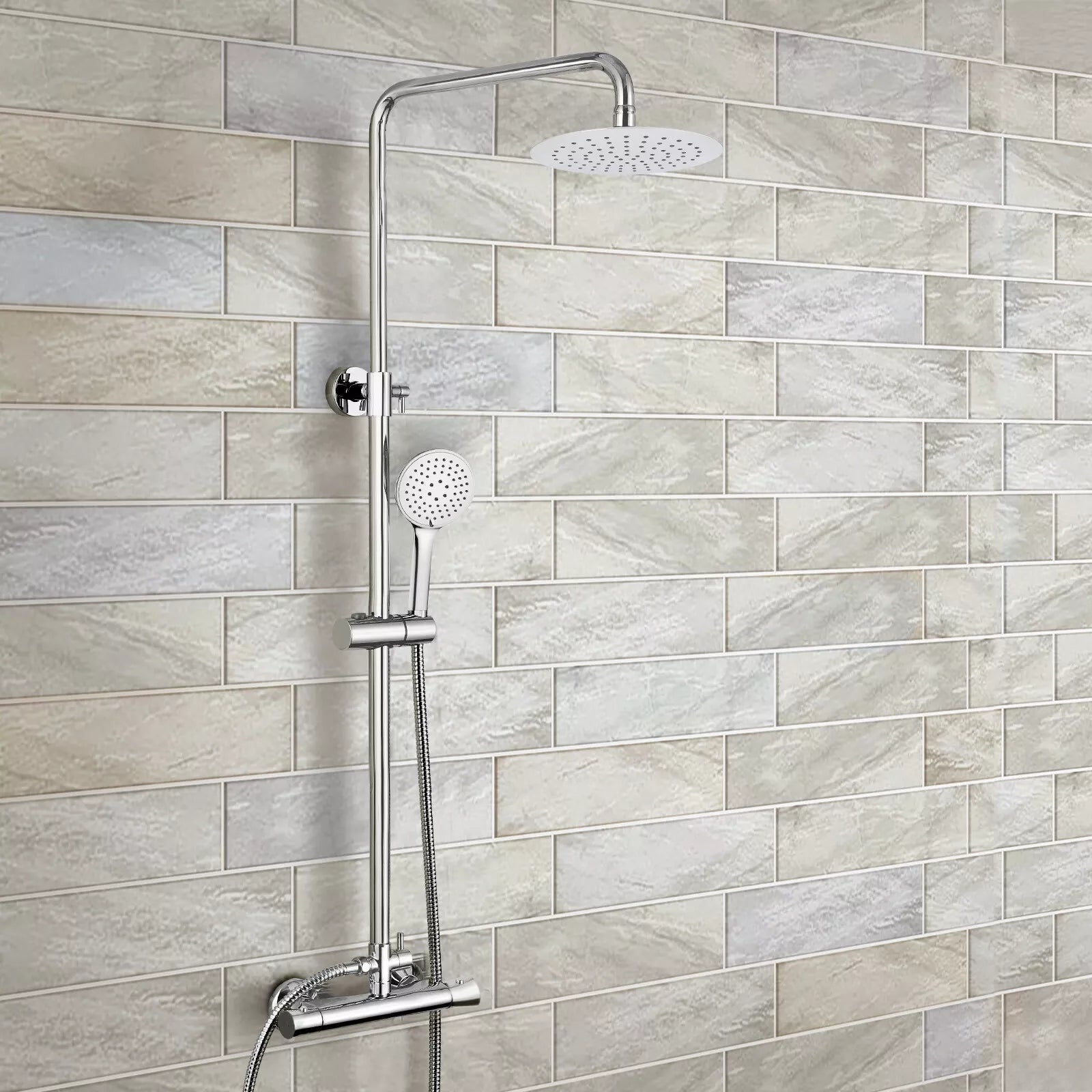 Rosa Chrome Thermostatic Shower Set – Slim Round 200mm Head & Handset, Adjustable Riser Rail