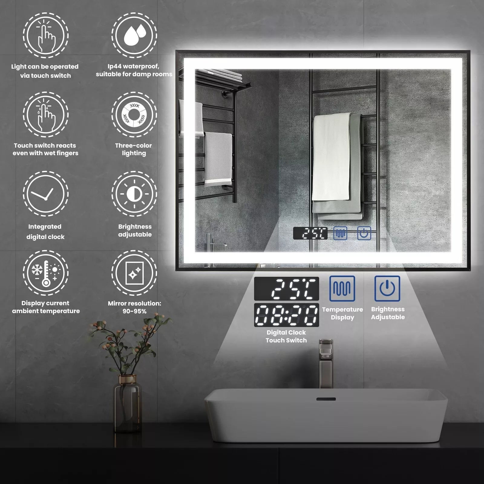 Auralux 800x600mm LED Mirror – Black Frame, Tri-Colour Light, Demister, Dimmable, Time Display, Touch Sensor, IP44 Rated