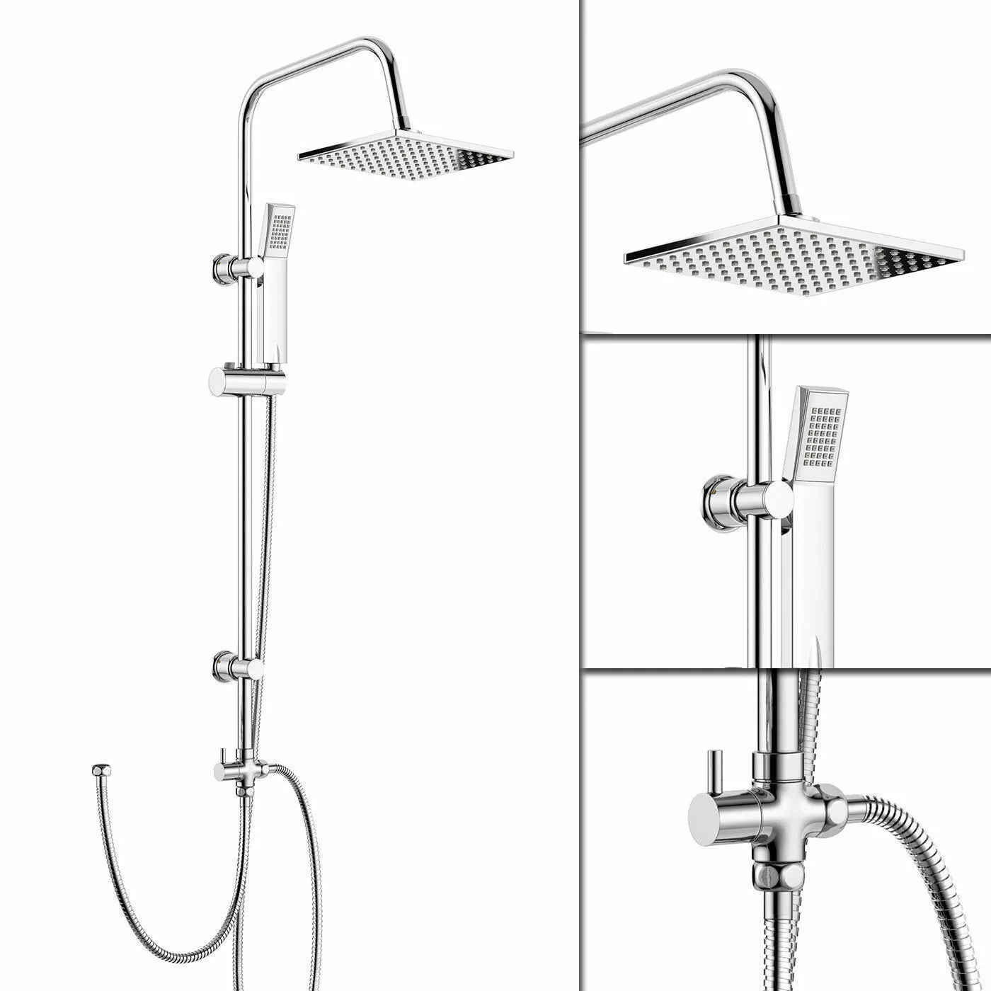 Aquari Chrome Square Shower Mixer Waterfall Tap Kit with Riser Rail – Twin Head Set