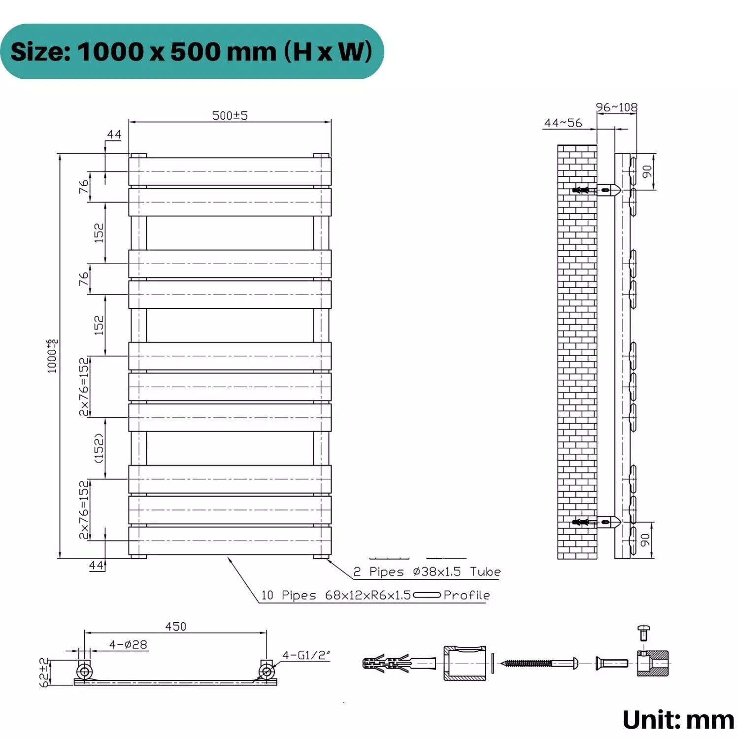 Arvani 1000x500mm Black Heated Towel Rail – Flat Panel, Vertical Mount, Matt Finish