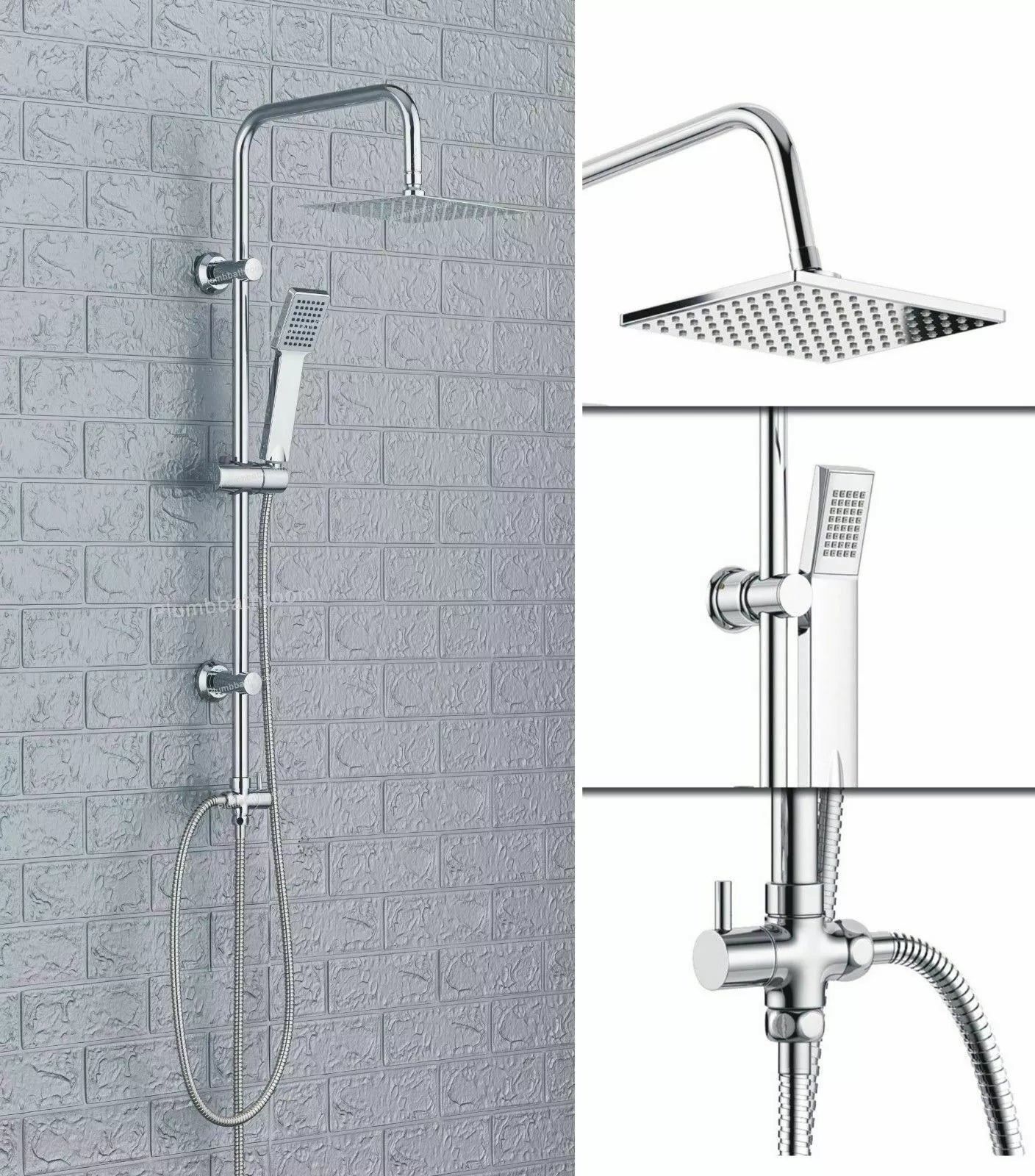 Aquari Chrome Square Shower Mixer Waterfall Tap Kit with Riser Rail – Twin Head Set