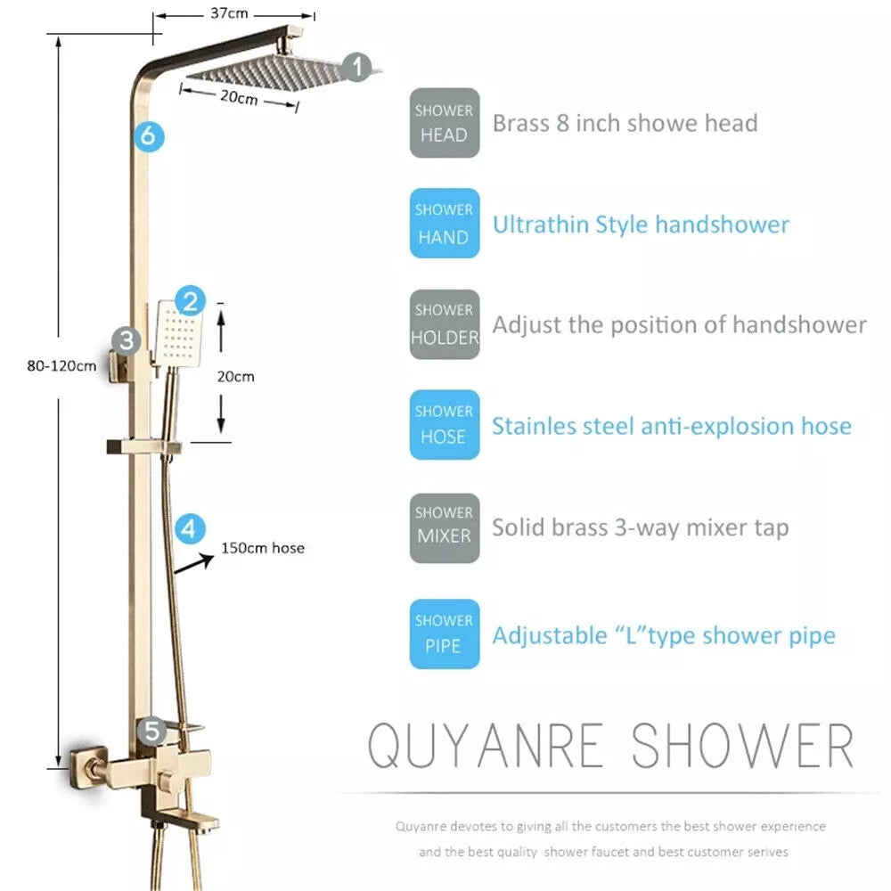 Lunoro Brushed Gold Thermostatic Bath & Shower Set – Waterfall & Rainfall Head with Shelf