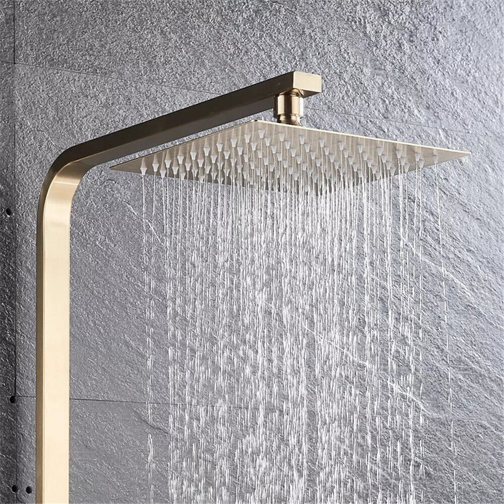 Lunoro Brushed Gold Thermostatic Bath & Shower Set – Waterfall & Rainfall Head with Shelf