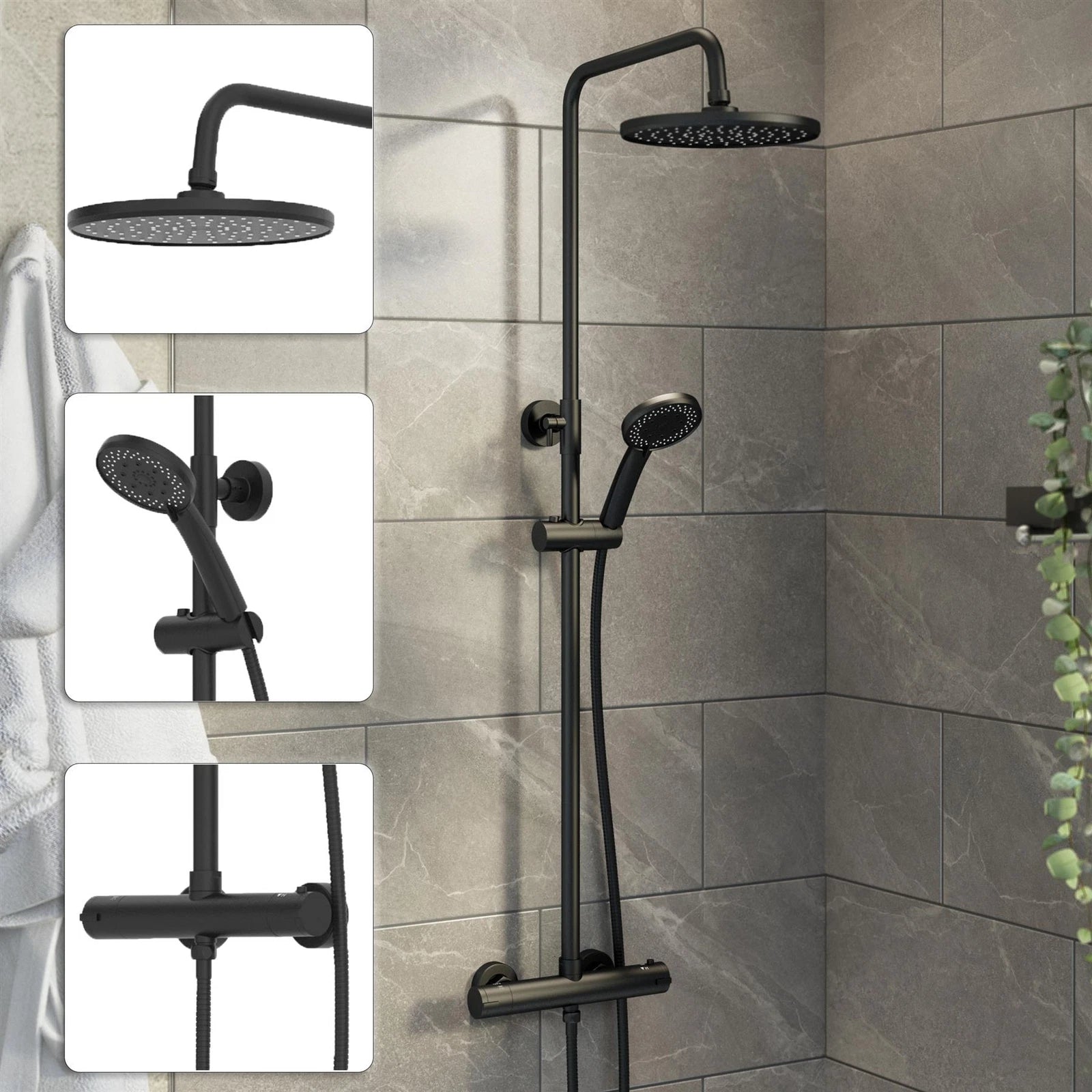 Aquari Black Thermostatic Shower Set – 228mm Round Rainfall Head & Handset, Dual Outlet Mixer